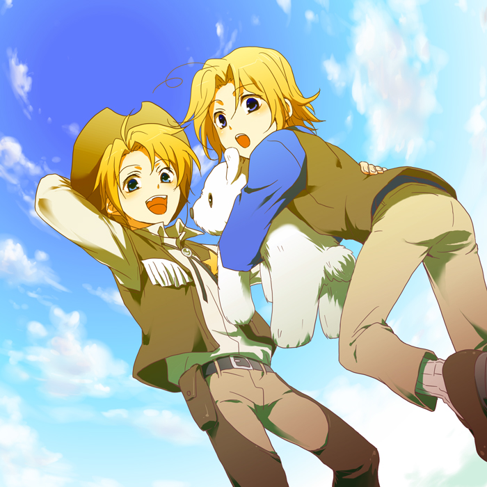 migu, america (hetalia), canada (hetalia), kumajirou (hetalia), axis powers hetalia, bad id, bad pixiv id, 00s, 2boys, bear, belt, blonde hair, blue eyes, bolo tie, brothers, chaps, cloud, cowboy, cowboy hat, cowboy western, day, fringe trim, hat, male focus, multiple boys, polar bear, short hair, siblings, sky, stampede string, stuffed animal, stuffed toy, teddy bear, vest