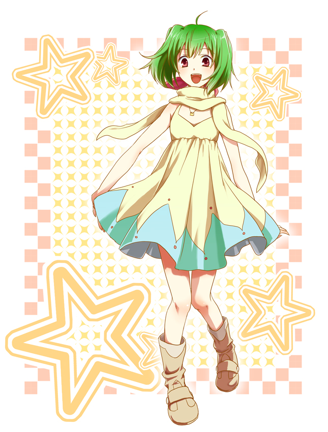 migu, ranka lee, macross, macross frontier, bad id, bad pixiv id, 00s, 1girl, boots, dress, female focus, full body, green hair, red eyes, scarf, short hair, solo