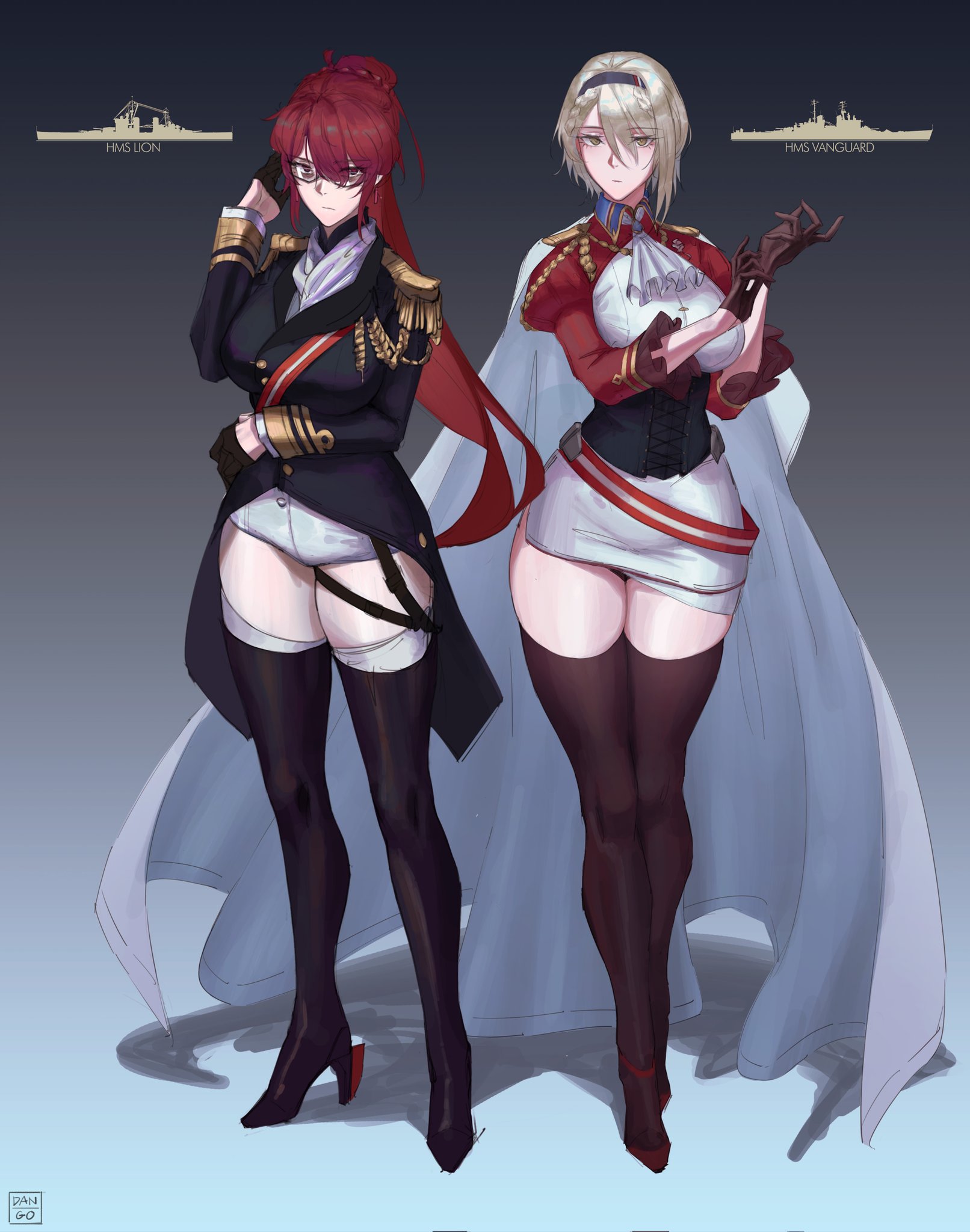 dangodes, original, commentary, commentary request, english commentary, highres, mixed-language commentary, 2girls, adjusting eyewear, aiguillette, ascot, black boots, black coat, black gloves, black hairband, boots, breasts, brown gloves, brown thighhighs, cape, coat, epaulettes, full body, glasses, gloves, grey background, grey eyes, grey hair, hair between eyes, hairband, half gloves, hms lion (1939), hms vanguard, juliet sleeves, large breasts, long hair, long sleeves, looking at viewer, miniskirt, multiple girls, personification, puffy sleeves, rectangular eyewear, red eyes, red hair, red ribbon, red shoes, ribbon, shirt, shoes, short hair, simple background, skirt, standing, thigh boots, thighhighs, underbust, white ascot, white cape, white shirt, white skirt