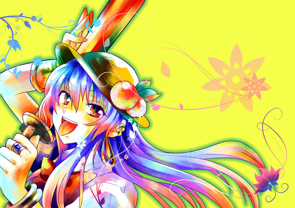 taki tarou, takitarou, hinanawi tenshi, touhou, bad id, bad pixiv id, 1girl, blue hair, female focus, food, fruit, hat, peach, red eyes, solo, sword, sword of hisou, weapon