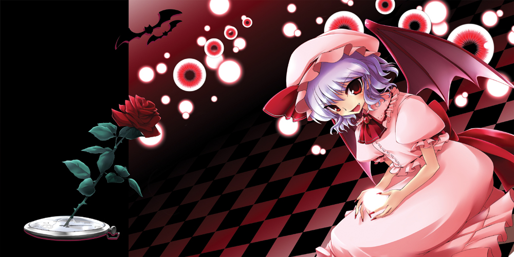 narumizg, remilia scarlet, touhou, light purple hair, bad id, bad pixiv id, 1girl, bat (animal), bat wings, danmaku, female focus, flower, hat, plant, red eyes, rose, short hair, solo, wings