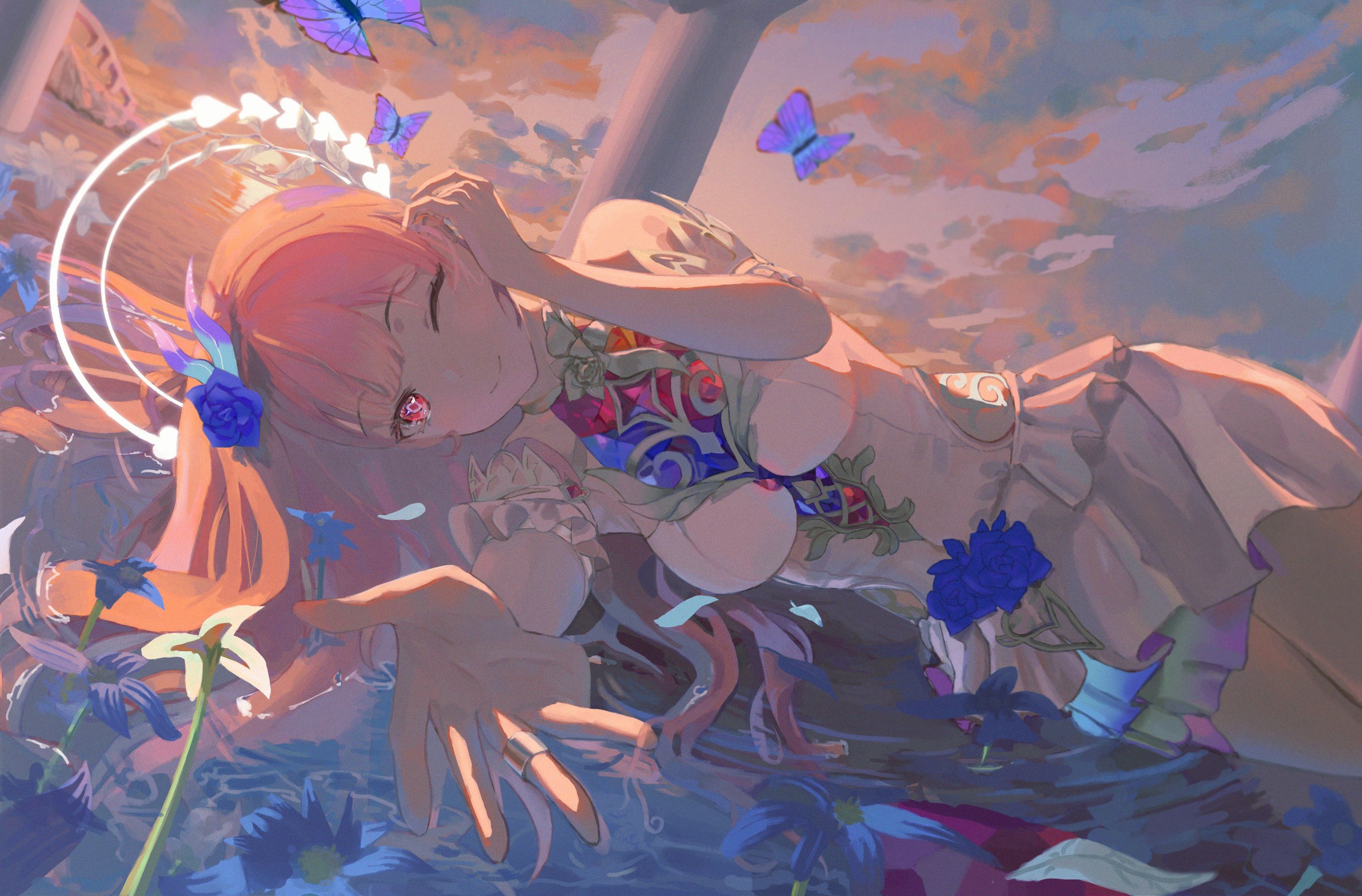 cyrene (honkai: star rail), cyrene (ripples of past reverie) (honkai: star rail), honkai: star rail, honkai (series), highres, 1girl, ;), bare shoulders, breasts, bug, butterfly, diamond-shaped pupils, diamond (shape), dowha0124, dress, flower, hair flower, hair ornament, halo, insect, large breasts, long hair, looking at viewer, lying, ocean, on side, one eye closed, pink hair, purple eyes, reaching, reaching towards viewer, smile, solo, symbol-shaped pupils, thighs, very long hair, white dress