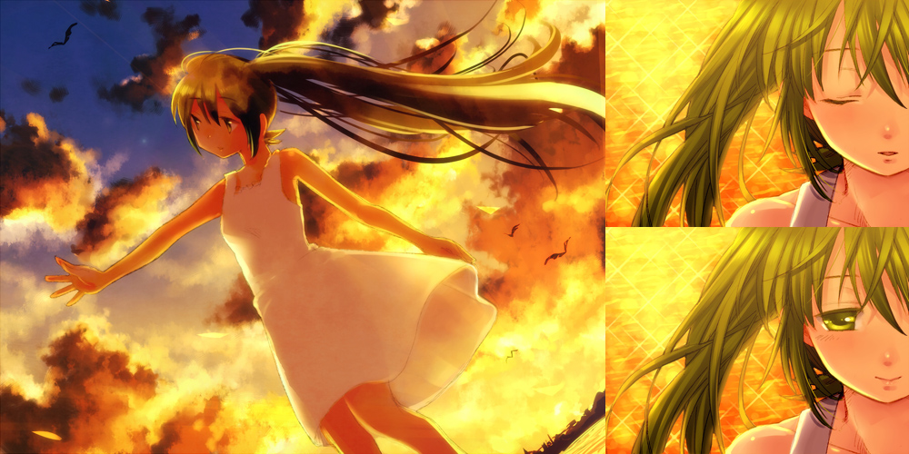 moc, hatsune miku, vocaloid, bad id, bad pixiv id, closed eyes, dress, green eyes, green hair, long hair, sky, sundress, sunset, twintails