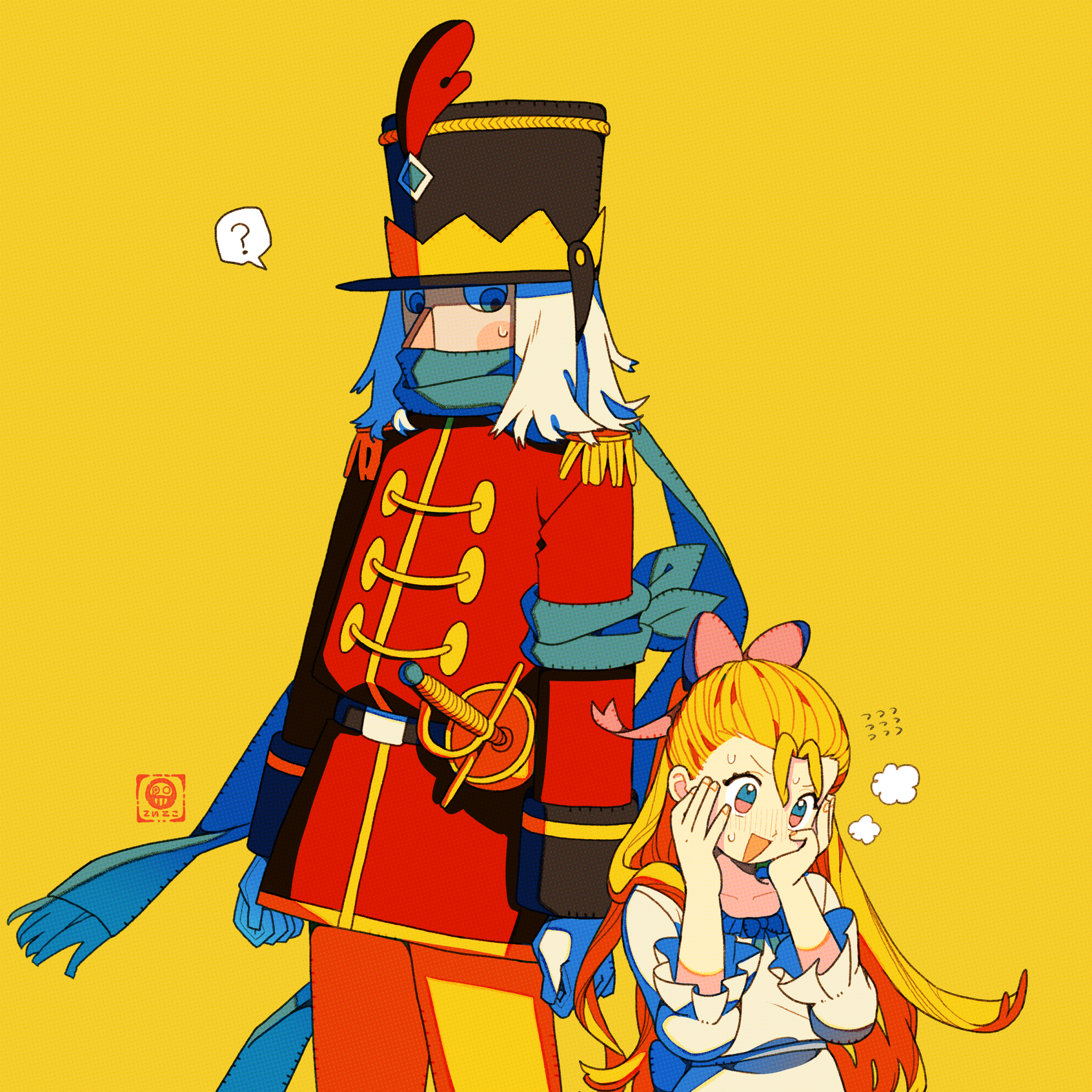 tenteko mai51, clara (the nutcracker), the nutcracker, absurdres, commentary request, highres, 1boy, 1girl, :d, ?, arm scarf, blonde hair, coat, dress, epaulettes, long hair, open mouth, red coat, scarf, sheath, sheathed, smile, spoken question mark, standing, the nutcracker (character), white hair, yellow background