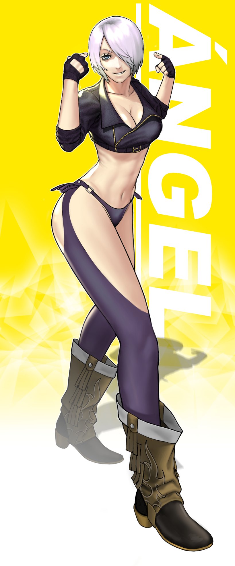 jackboo, angel (kof), the king of fighters, 1girl, ass, blue eyes, boots, breasts, female focus, gloves, huge ass, huge breasts, jackboo , jacket, large breasts, looking at viewer, pale skin, panties, short hair, smile, smiley face, standing, thick thighs, thighs, underwear, white hair