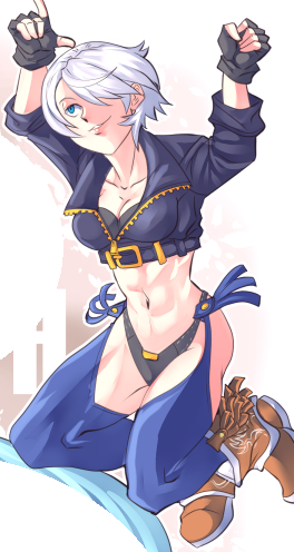 angel (kof), the king of fighters, 1girl, blue eyes, boots, gloves, pale skin, panties, short hair, smile, smiley face, thick thighs, thighs, underwear, white hair