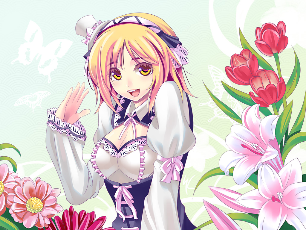 kaizeru, original, 1girl, blonde hair, female focus, flower, hairband, hat, mini hat, mini top hat, multicolored flower, solo, top hat, yellow eyes