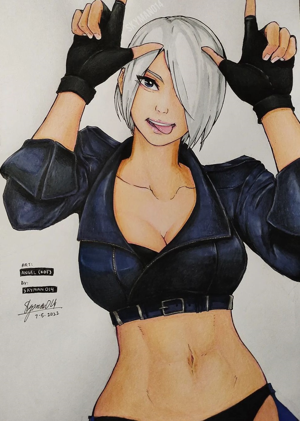 mapotofu (crcj7242), skyman014 arts, angel (kof), the king of fighters, 1girl, breasts, gloves, huge breasts, jacket, large breasts, leather, looking at viewer, mapotofu, pale skin, short hair, tongue, tongue out, white hair