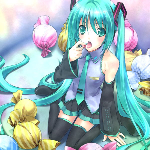 minamino kanata, hatsune miku, vocaloid, candy, detached sleeves, food, long hair, skirt, solo, thighhighs, twintails, very long hair, zettai ryouiki