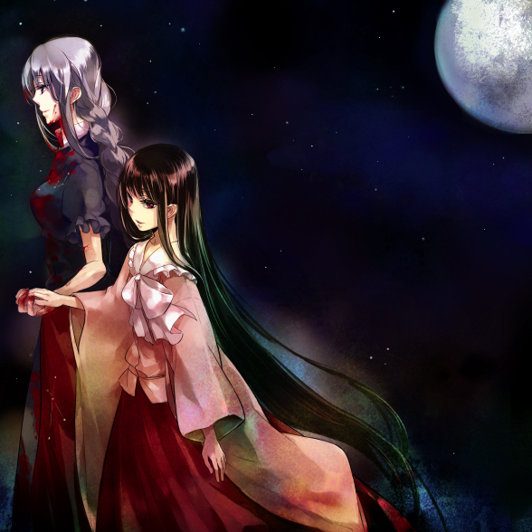 baby cradle, koko (oyasuminasai), houraisan kaguya, yagokoro eirin, touhou, silver hair, bad id, bad pixiv id, 2girls, black hair, blood, blue eyes, braid, female focus, long hair, moon, multiple girls, red eyes
