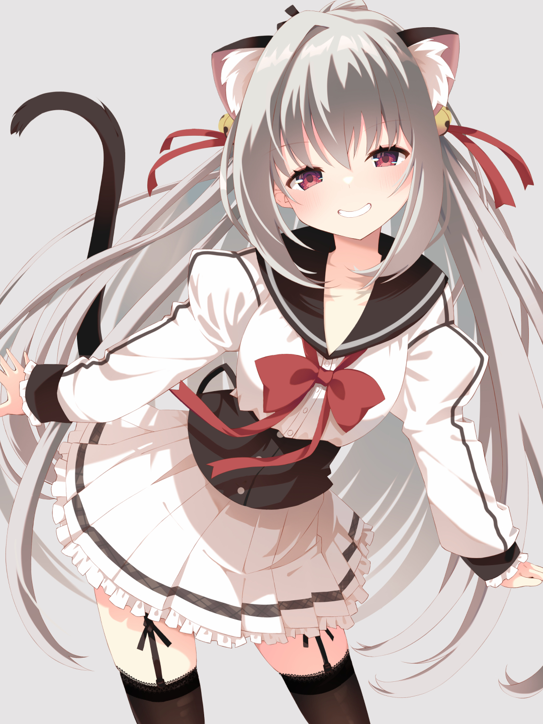 minase kaya, elena olegovna owen, dracu-riot!, commentary, commission, highres, skeb commission, 1girl, a-pose, animal ear fluff, animal ears, bell, black corset, black sailor collar, black thighhighs, blush, bow, bowtie, cat ears, cat girl, cat tail, corset, cowboy shot, frilled skirt, frills, garter straps, grey hair, grin, hair bell, hair ornament, hair ribbon, happy, jingle bell, juliet sleeves, kemonomimi mode, leaning forward, long hair, long sleeves, looking at viewer, miniskirt, pleated skirt, puffy sleeves, red bow, red bowtie, red eyes, red ribbon, ribbon, sailor collar, school uniform, serafuku, shirt, sidelocks, single hair intake, skirt, smile, solo, tail, tail raised, thighhighs, v-shaped eyebrows, very long hair, white serafuku, white shirt, white skirt, zettai ryouiki