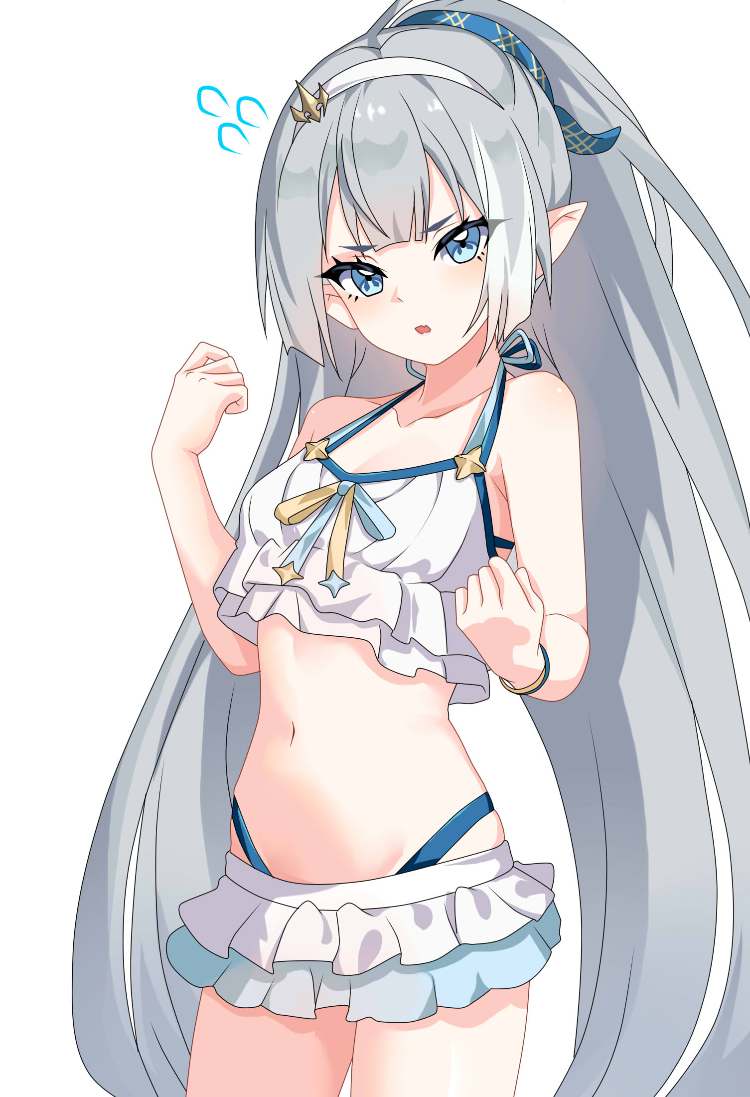 maxwelzy, female tyrant (stella sora), female tyrant (swimsuit) (stella sora), tyrant (stella sora), stella sora, commentary request, highres, 1girl, ahoge, bikini, bikini skirt, blue eyes, bracelet, breasts, collarbone, flying sweatdrops, frilled bikini, frills, grey hair, hair between eyes, hair ornament, hairband, jewelry, long hair, looking at viewer, navel, official alternate costume, official alternate hairstyle, parted lips, sidelocks, simple background, small breasts, solo, stomach, swimsuit, symbol-shaped pupils, white background, white bikini