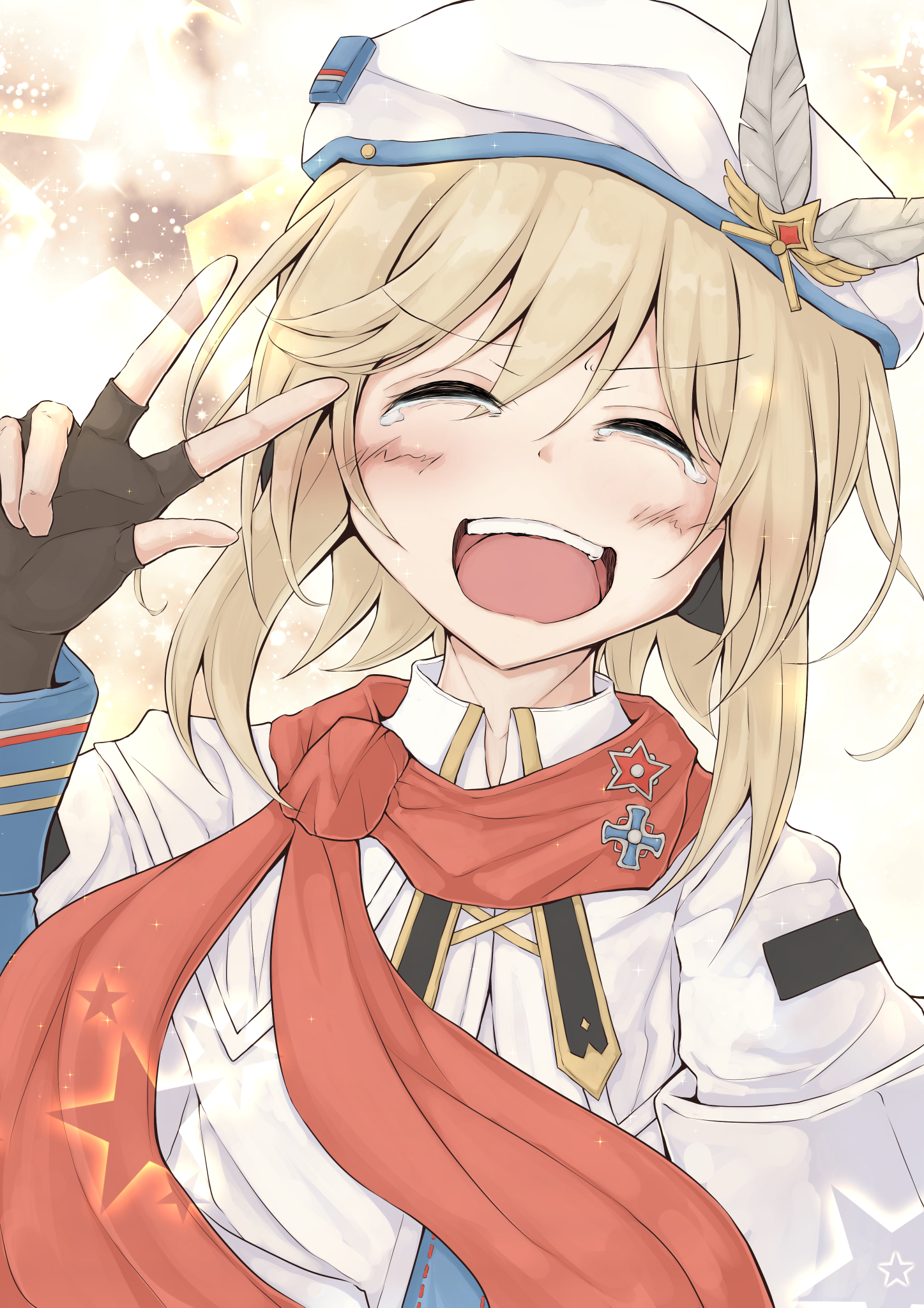tarunoakuma, nagant (girls' frontline 2), nagant revolver (girls' frontline), girls' frontline, girls' frontline 2: exilium, commentary request, highres, 1girl, badge, beret, black gloves, blonde hair, blue jacket, button badge, cloak, fingerless gloves, gloves, happy tears, hat, hat feather, jacket, medium hair, open mouth, red scarf, scarf, smile, solo, tearing up, tears, teeth, upper body, upper teeth only, v, white cloak, white hat