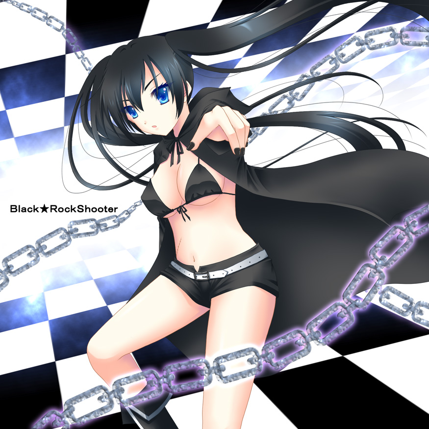 piro komachi, black rock shooter (character), black rock shooter, 10s, 1girl, bikini, bikini top only, black bikini, black hair, black nails, blue eyes, chain, female focus, long hair, nail polish, shorts, solo, swimsuit, twintails