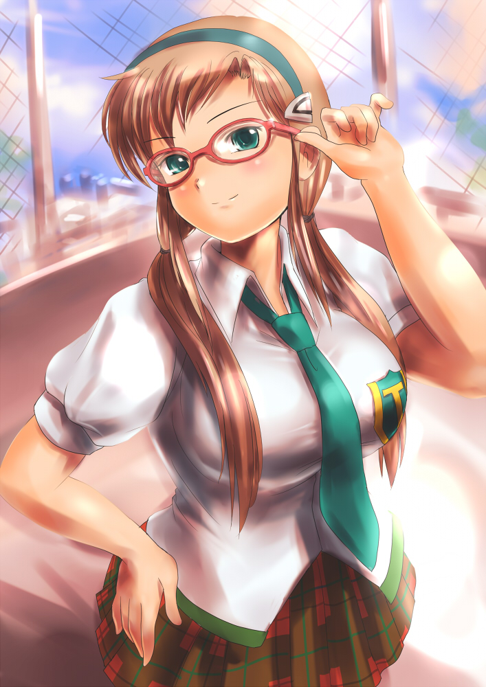 gox, moriichi, makinami mari illustrious, neon genesis evangelion, rebuild of evangelion, 00s, adjusting eyewear, glasses, green eyes, hairband, plaid clothes, plaid skirt, school uniform, skirt, smile, solo, twintails