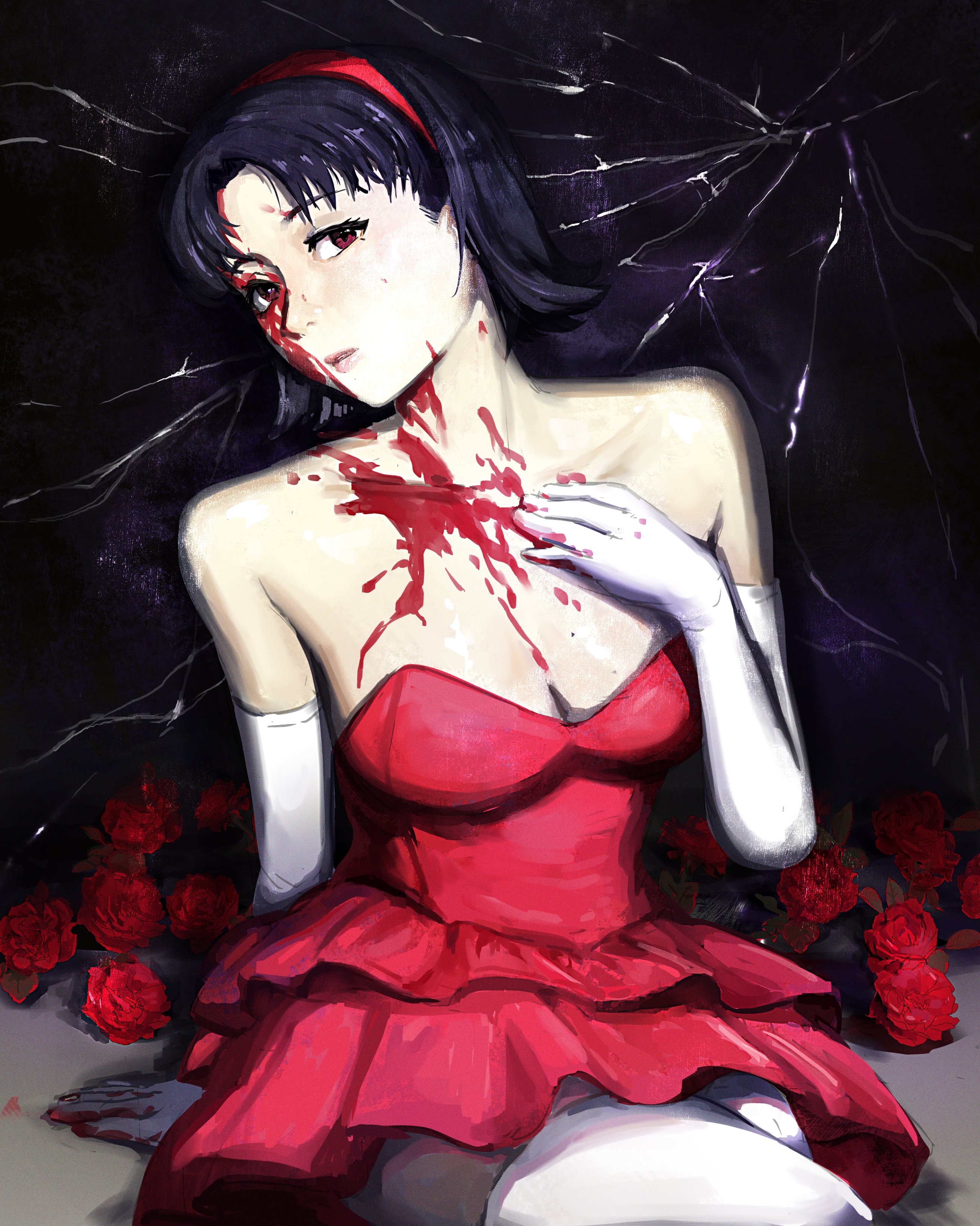 mon (icebuko), kirigoe mima, perfect blue, absurdres, commentary, highres, 1girl, bare shoulders, black hair, blood, blood on clothes, blood on face, blood on gloves, blood on hands, blood splatter, breasts, cleavage, collarbone, crack, crossed legs, dark background, dress, elbow gloves, flipped hair, flower, frilled dress, frills, gloves, hairband, looking at viewer, parted lips, red dress, red eyes, red flower, red hairband, red rose, rose, short hair, sitting, solo, strapless, strapless dress, white gloves