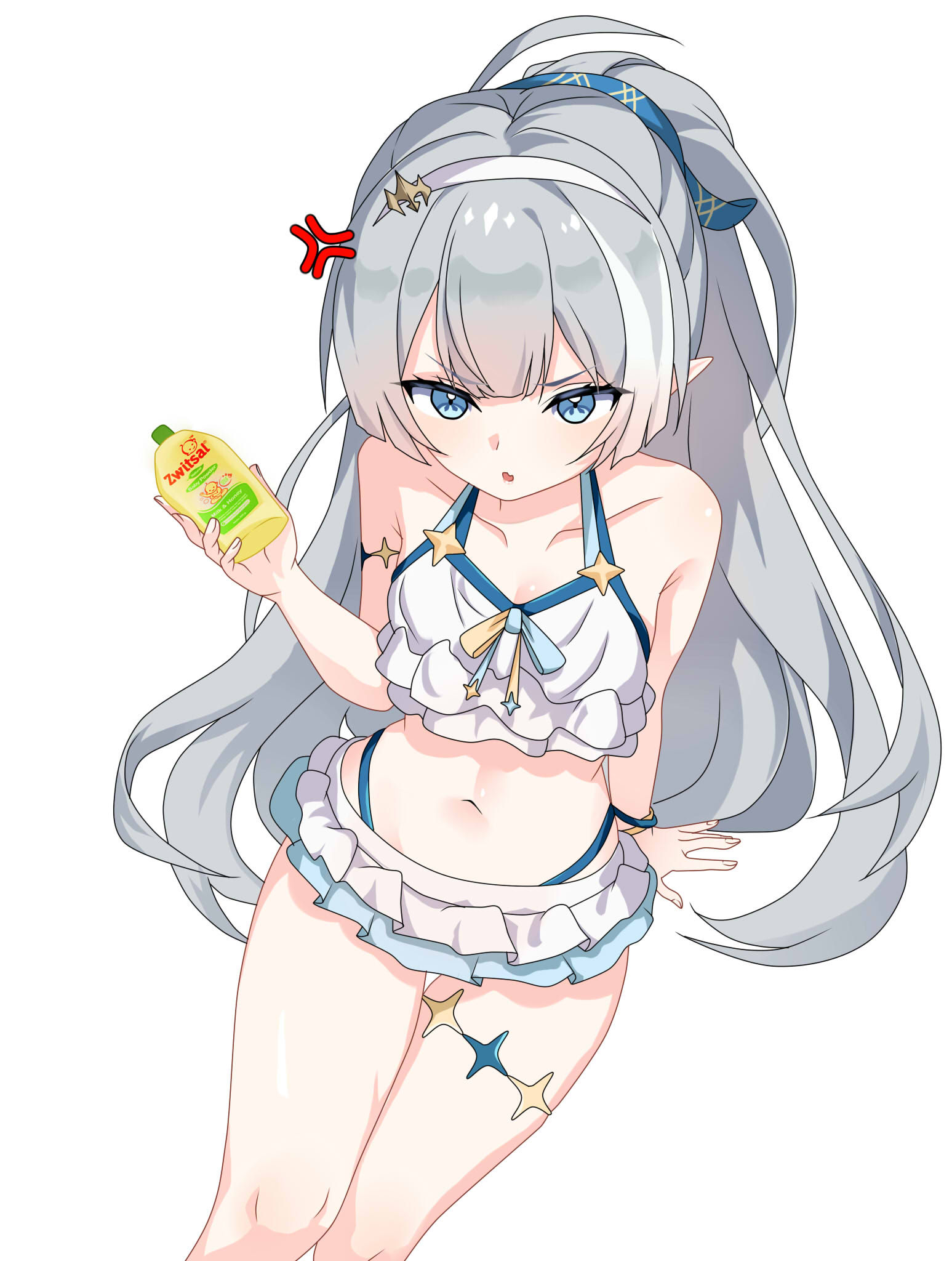 maxwelzy, female tyrant (stella sora), female tyrant (swimsuit) (stella sora), tyrant (stella sora), stella sora, commentary request, highres, 1girl, ahoge, anger vein, arm support, bikini, bikini skirt, blue eyes, bottle, bracelet, collarbone, cowboy shot, frilled bikini, frills, from above, grey hair, hair between eyes, hair ribbon, hairband, holding, holding bottle, jewelry, long hair, looking at viewer, looking up, navel, official alternate costume, official alternate hairstyle, pointy ears, ponytail, ribbon, sidelocks, simple background, sitting, solo, spaghetti strap, stomach, swimsuit, symbol-shaped pupils, white background, white bikini