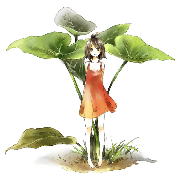 reika (artist), reika (clovia studio), original, bad id, bad pixiv id, painting (medium), traditional media, watercolor (medium), 1girl, ahoge, arms behind back, bare shoulders, barefoot, brown eyes, brown hair, dress, faux traditional media, female focus, flat chest, leaf, mini person, minigirl, see-through clothes, short hair, smile, solo, standing, sundress