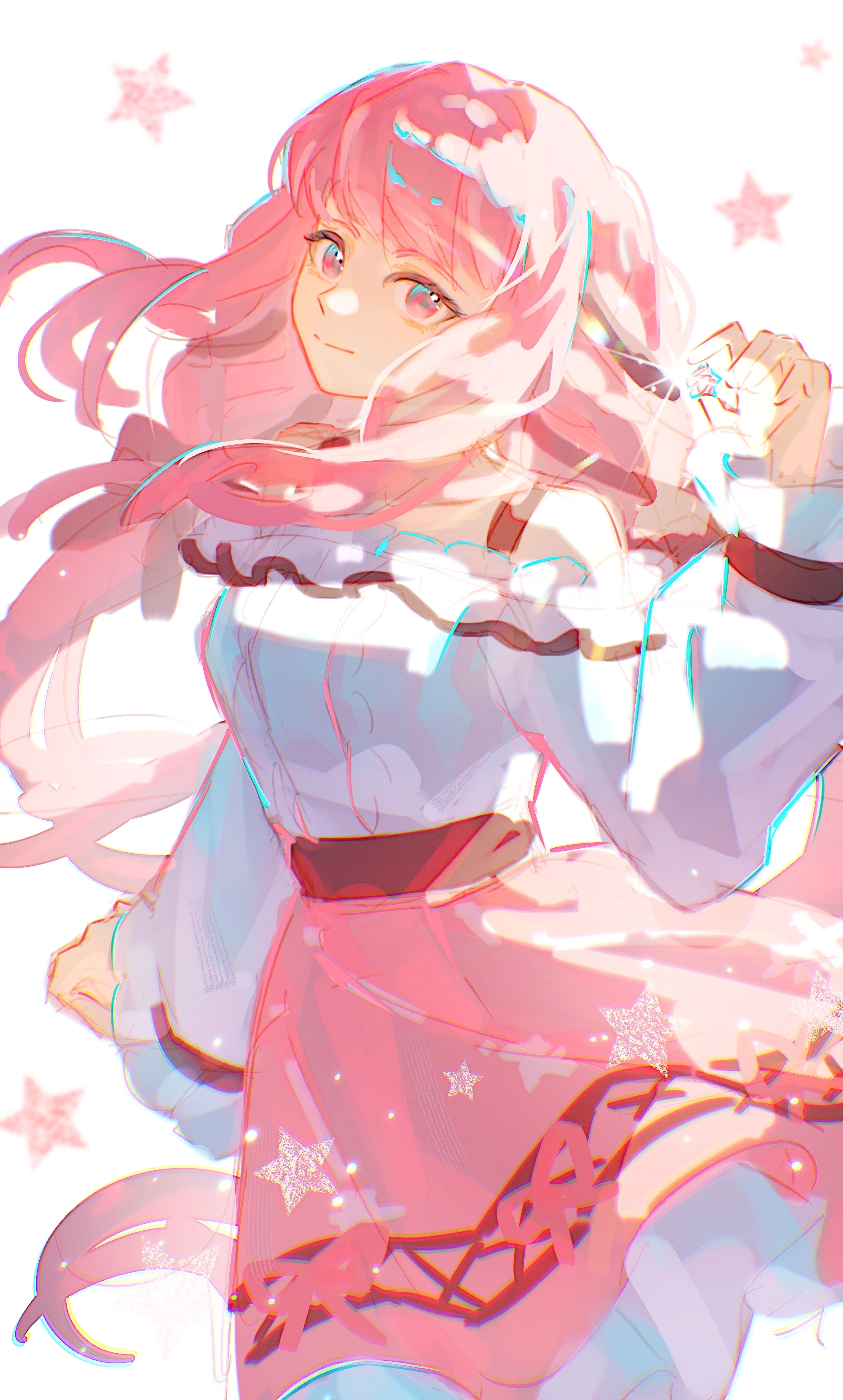 shen shen ruqi, nikki (nikki), perfect start (infinity nikki), infinity nikki, nikki (series), absurdres, chinese commentary, commentary, commentary request, english commentary, highres, textless version, 1girl, bare shoulders, black bow, black ribbon, bow, bra strap, center frills, chalkboard, closed mouth, cowboy shot, floating clothes, floating hair, frilled shirt, frilled skirt, frilled sleeves, frills, hair bow, hair ribbon, happy, head tilt, holding, holding star, light particles, long hair, long sidelocks, long sleeves, looking at viewer, low twintails, miniskirt, off-shoulder shirt, off shoulder, pink eyes, pink hair, pink skirt, pointy nose, print skirt, puffy long sleeves, puffy sleeves, ribbon, shirt, sidelocks, skirt, smile, snowflake print, solo, standing, star (sky), star (symbol), star symbol background, tress ribbon, twintails, very long hair, wavy hair, white background, white shirt