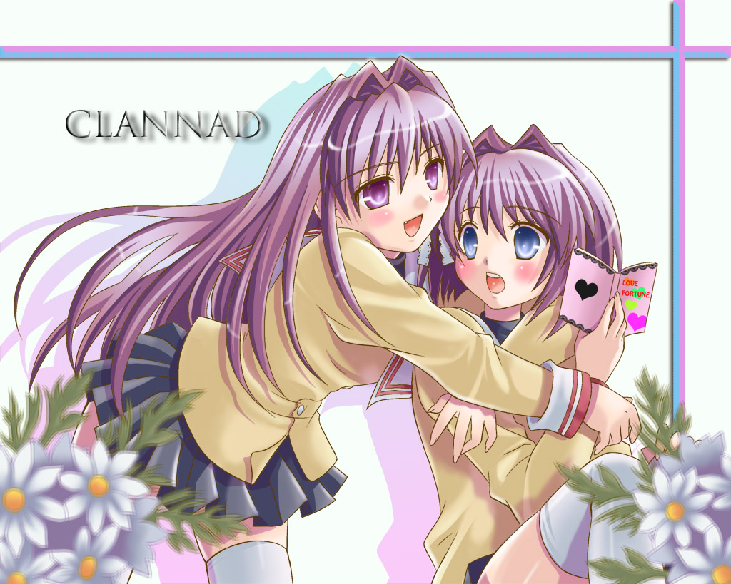 mako (lovely panda house), fujibayashi kyou, fujibayashi ryou, clannad, bad id, bad pixiv id, 00s, blue eyes, blush, book, fang, flower, hug, long hair, purple eyes, purple hair, school uniform, short hair, siblings, sisters, thighhighs, twins