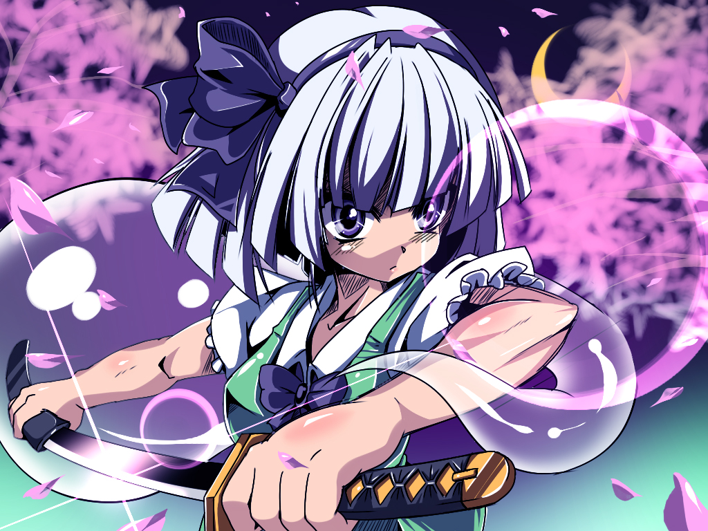 roku usagi, konpaku youmu, konpaku youmu (ghost), touhou, silver hair, bad id, bad pixiv id, 1girl, female focus, ghost, glint, hairband, katana, petals, purple eyes, sheath, short hair, solo, sword, unsheathing, weapon
