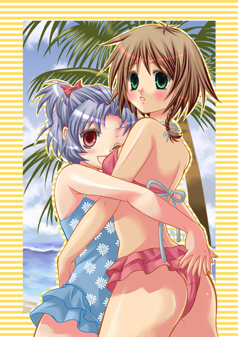 mako (lovely panda house), original, bad id, bad pixiv id, 2girls, ass, bikini, blue hair, blush, brown hair, day, green eyes, multiple girls, one eye closed, red eyes, short hair, swimsuit, wink
