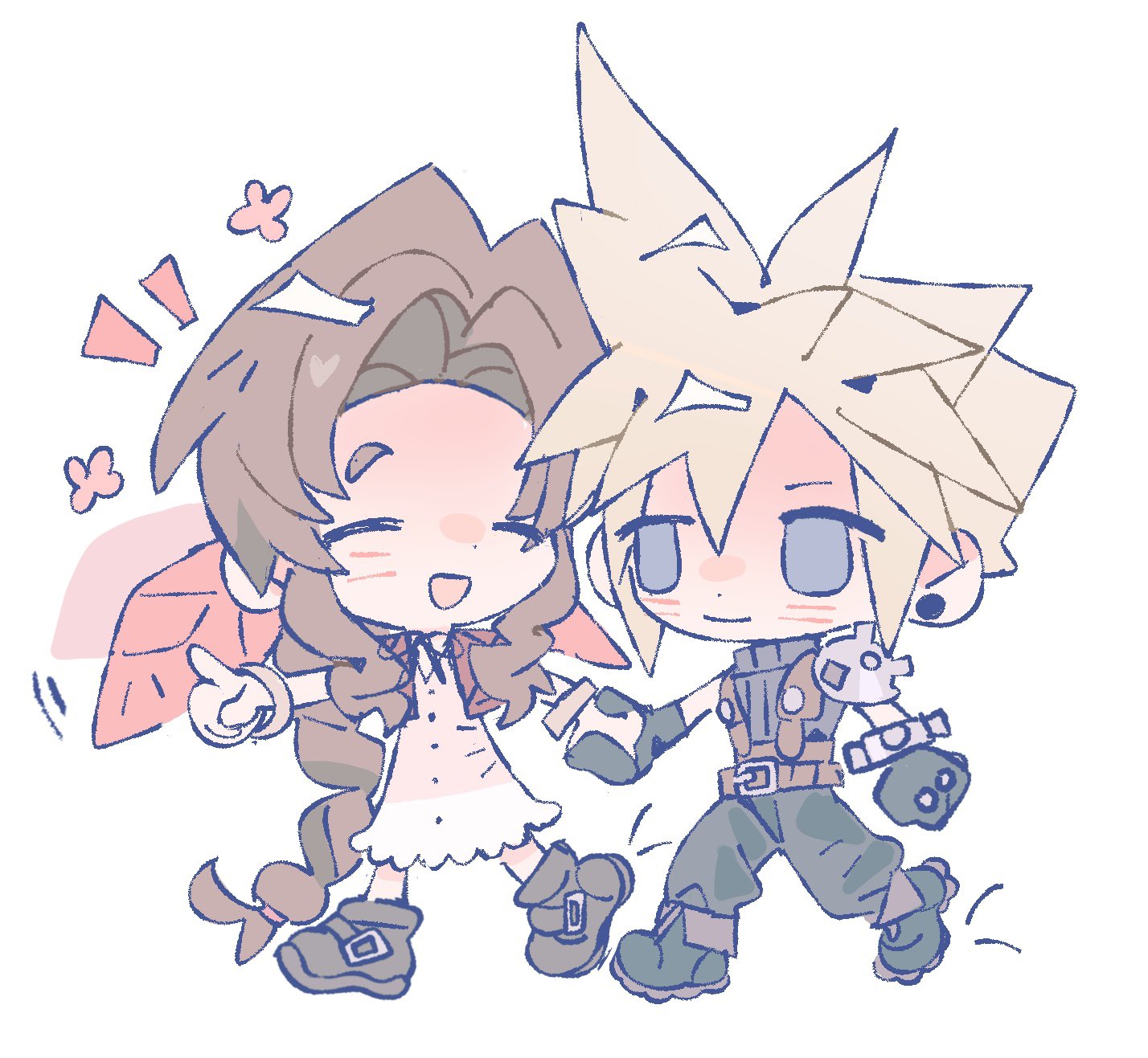 mmmckayyy, aerith gainsborough, cloud strife, final fantasy, final fantasy vii, final fantasy vii remake, highres, 1boy, 1girl, armor, baggy pants, bangle, belt, black boots, black gloves, black pants, blonde hair, blue eyes, boots, bracelet, braid, braided ponytail, brown belt, brown boots, brown hair, chibi, chibi only, choker, closed eyes, closed mouth, cropped jacket, dress, earrings, gloves, hair ribbon, holding hands, jacket, jewelry, long hair, open mouth, pants, parted bangs, pauldrons, pink dress, pink ribbon, pointing, red jacket, ribbon, ribbon choker, short hair, shoulder armor, sidelocks, single braid, single earring, single pauldron, sleeveless, sleeveless turtleneck, smile, suspenders, turtleneck, white background
