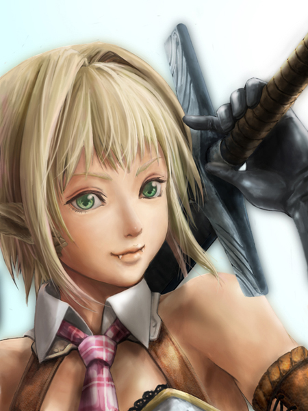 rinzou (dangan), bad id, bad pixiv id, blonde hair, collar, fangs, gloves, green eyes, necktie, rinzou (pixiv22262), sword, weapon