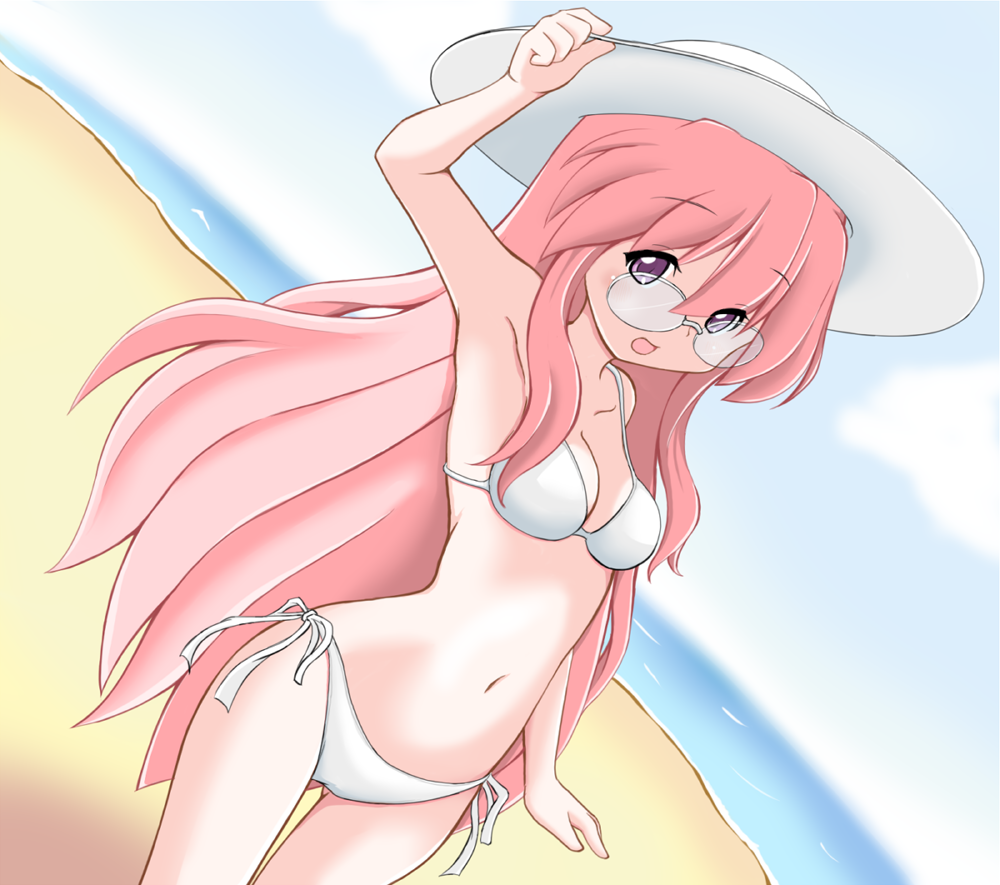 unknown-otiba, takara miyuki, lucky star, 00s, 1girl, armpits, beach, bikini, day, dutch angle, female focus, glasses, hat, long hair, outdoors, pink hair, purple eyes, side-tie bikini bottom, solo, swimsuit, thigh gap, white bikini