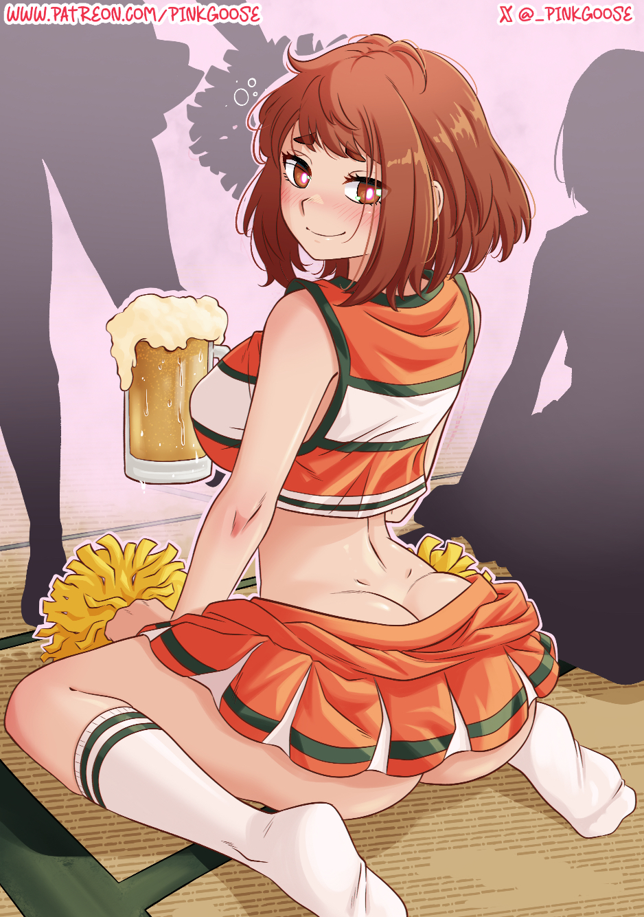 gurinsensei, uraraka ochako, boku no hero academia, commentary, english commentary, highres, 1girl, alcohol, artist name, ass, beer, beer mug, breasts, brown eyes, brown hair, butt crack, cheerleader, crop top, cup, drink, drunk, holding, holding drink, large breasts, looking at viewer, looking back, mug, no shoes, orange skirt, patreon username, pink pupils, pom pom (cheerleading), short hair, sitting, skirt, sleeveless, socks, solo focus, tatami, twitter username, twitter x logo, u.a. cheerleader uniform, wariza, white socks