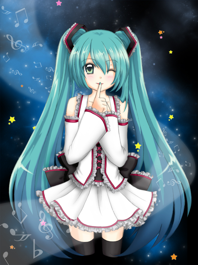 mizumohikari, hatsune miku, vocaloid, bad id, bad pixiv id, 1girl, aqua eyes, aqua hair, aqua nails, dress, female focus, frills, green eyes, long hair, musical note, nail polish, one eye closed, solo, thighhighs, twintails, very long hair, wink, zettai ryouiki
