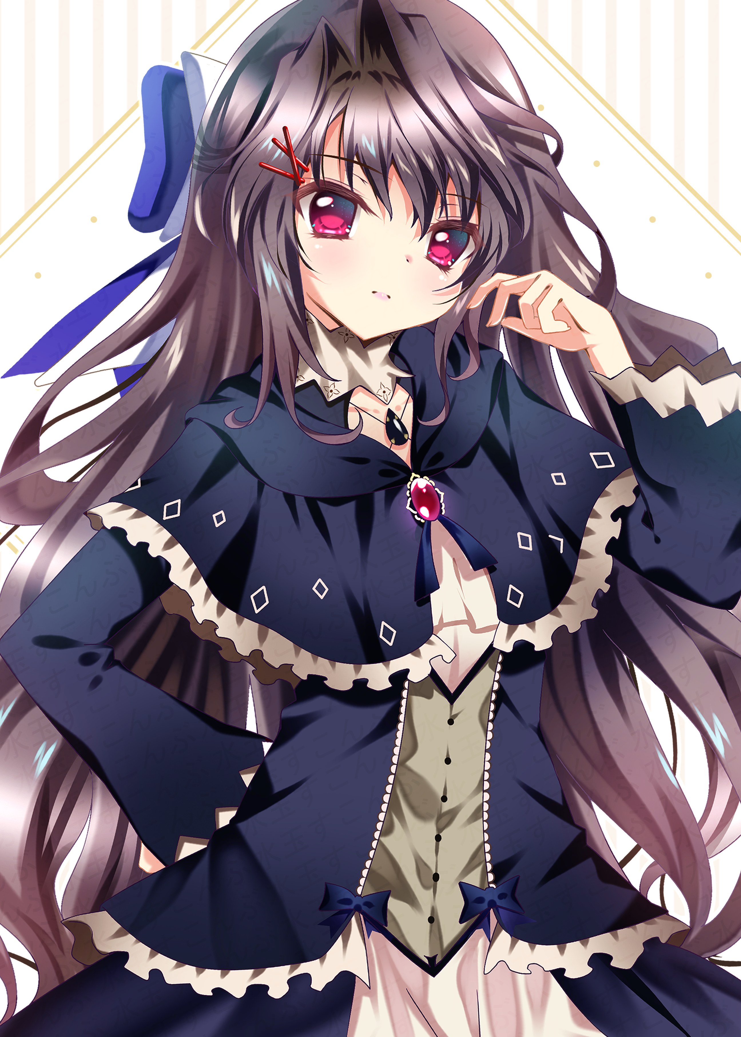 sukonbu385, yuuki noa, 9-nine-, absurdres, commentary, highres, 1girl, alternate hair length, alternate hairstyle, black capelet, black dress, black hair, blue bow, blue ribbon, blush, bow, brooch, capelet, closed mouth, cowboy shot, dress, eyelashes, floating hair, frilled capelet, frilled dress, frilled sleeves, frills, gem, gothic lolita, hair between eyes, hair bow, hair intakes, hair ornament, hair ribbon, hairclip, hand on own hip, hand up, jewelry, light frown, lips, lolita fashion, long hair, long sleeves, looking at viewer, official alternate costume, red eyes, red gemstone, ribbon, sidelocks, simple background, solo, split mouth, very long hair, watermark, white background, white bow, wide sleeves