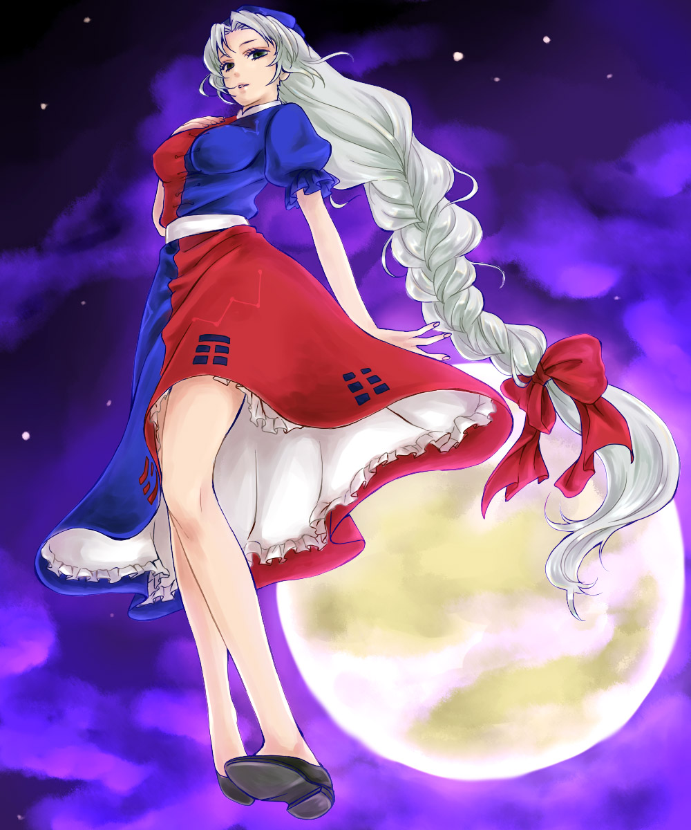 negi (artist), negi (type03), yagokoro eirin, touhou, silver hair, bad id, bad pixiv id, highres, 1girl, braid, female focus, green eyes, hat, long hair, moon, solo