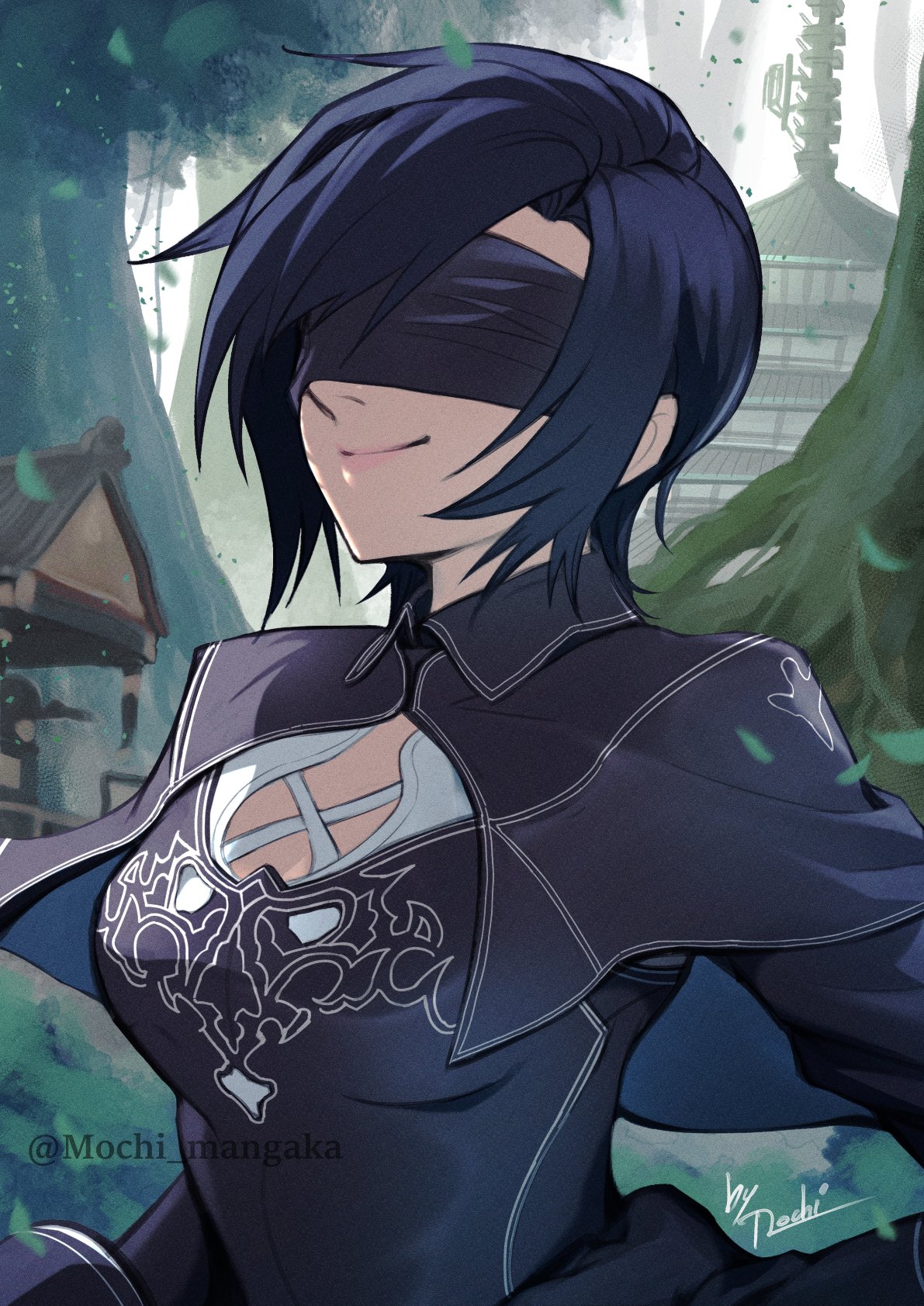 mochi mangaka, 10h (nier reincarnation), yuffie kisaragi, final fantasy, final fantasy vii, final fantasy vii: ever crisis, nier (series), nier reincarnation, commentary, highres, 10h (nier reincarnation) (cosplay), architecture, artist name, black capelet, black dress, black hair, black visor, blindfold, breasts, capelet, closed mouth, cosplay, dress, east asian architecture, forest, hand on own hip, medium breasts, nature, short hair, smile, twitter username, upper body, yuffie kisaragi (savior ensemble)