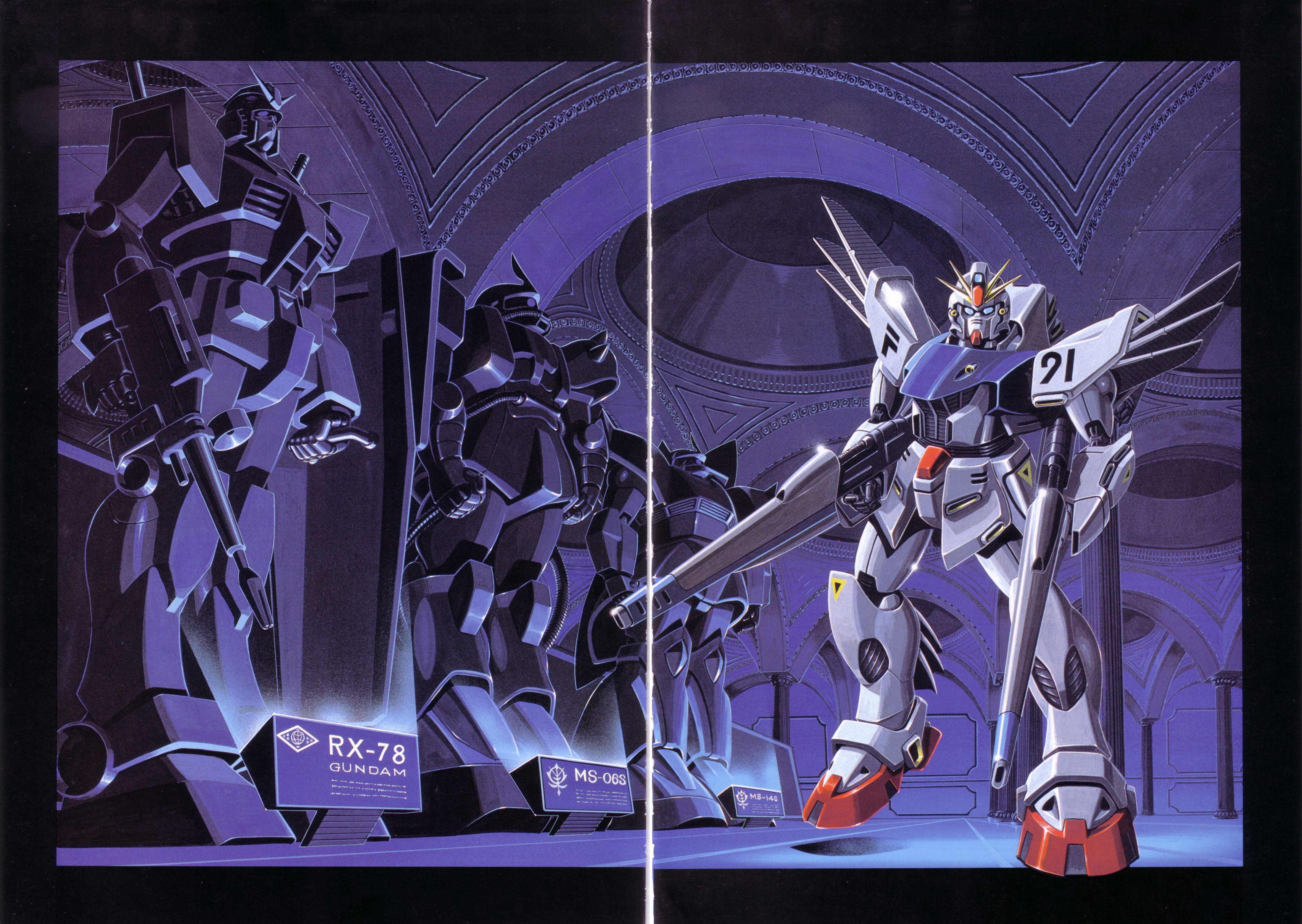 ookawara kunio, f91 gundam, gelgoog, gelgoog s char custom, rx-78-2 gundam, zaku ii, zaku ii s char custom, gundam, gundam f91, mobile suit gundam, 1980s (style), absurdres, commentary request, highres, magazine scan, official art, painting (medium), promotional art, scan, third-party source, traditional media, 1990s (style), beam cannon, beam rifle, blue eyes, character name, dome, dual wielding, earth federation, emblem, energy gun, full body, glint, holding, holding shield, holding weapon, indoors, machinery, mecha, mecha focus, mobile suit, museum, no humans, oldschool, realistic, retro artstyle, robot, roundel, science fiction, scope, sculpture, shield, shoulder spikes, signature, spikes, statue, v-fin, weapon, zeon