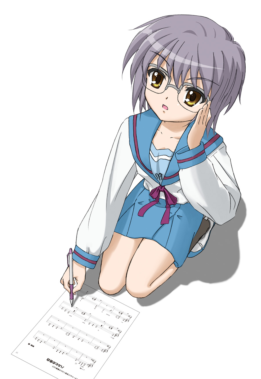 errant, nagato yuki, suzumiya haruhi no yuuutsu, highres, 00s, 1girl, female focus, full body, glasses, pen, purple hair, school uniform, serafuku, short hair, solo, white background, yellow eyes