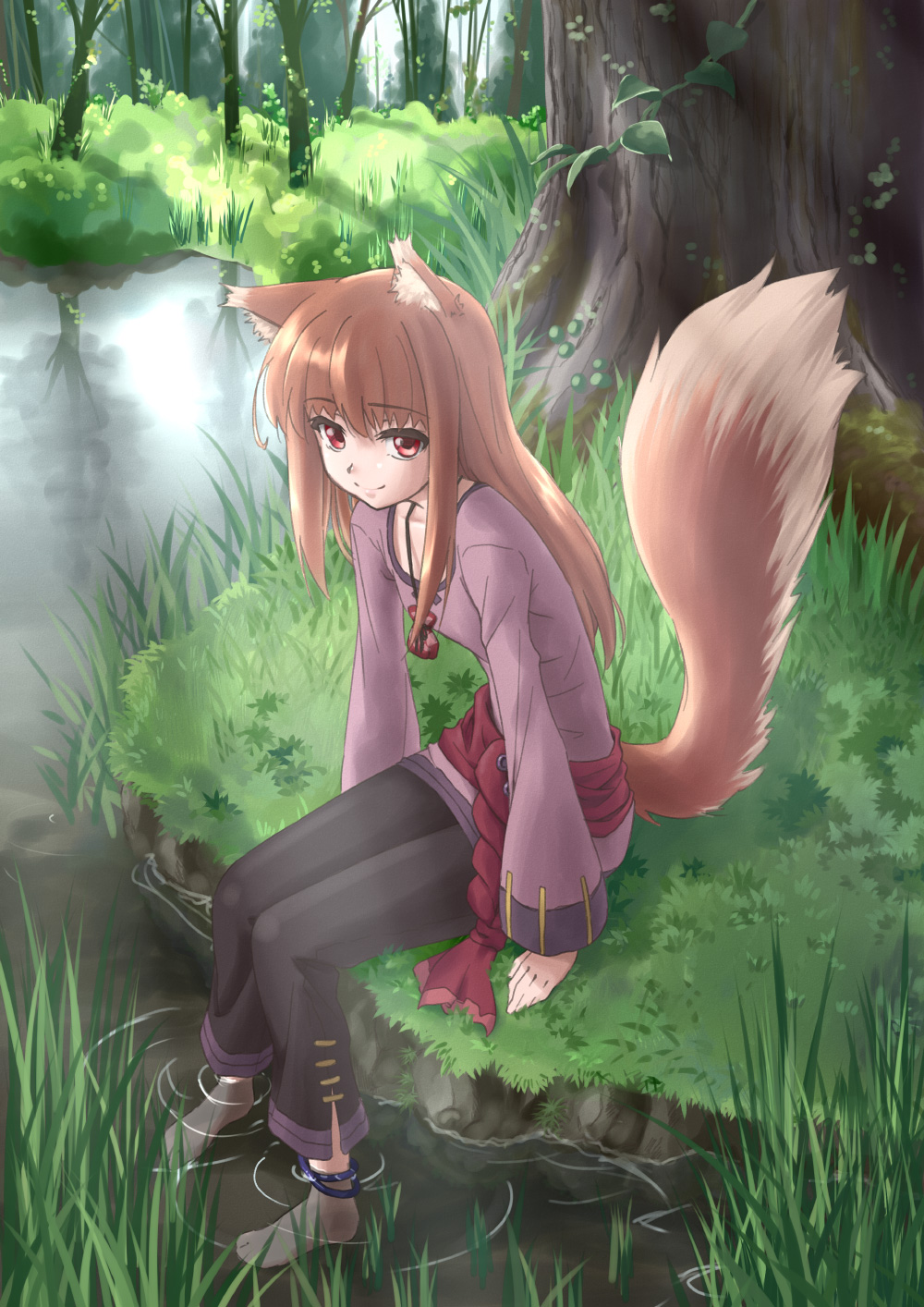 errant, holo, spice and wolf, highres, 00s, 1girl, animal ears, anklet, barefoot, brown hair, day, female focus, forest, jewelry, long hair, nature, outdoors, pond, red eyes, ripples, river, sitting, soaking feet, solo, tail, tree, water, wolf ears, wolf tail
