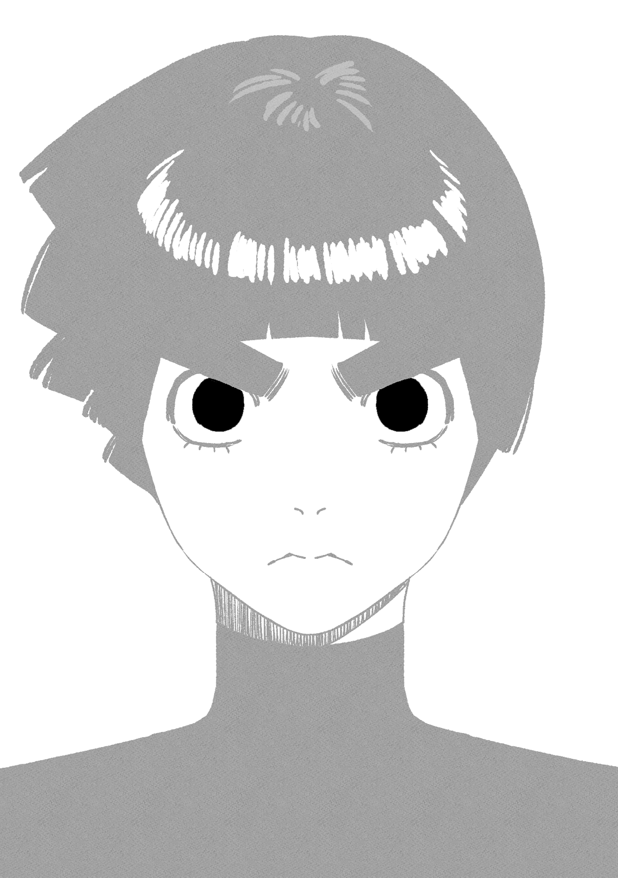 rock lee, naruto (series), commentary request, highres, 1boy, black eyes, black hair, blunt bangs, bodysuit, bowl cut, closed mouth, greyscale, looking at viewer, m0 mo momo, male focus, monochrome, short hair, solo, thick eyebrows, thick eyelashes, turtleneck, turtleneck bodysuit, upper body, white background