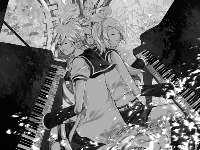 soriku, kagamine len, kagamine rin, vocaloid, bad id, bad pixiv id, 1boy, 1girl, 2pianos, brother and sister, closed eyes, detached sleeves, duet, grand piano, greyscale, hair ornament, hair ribbon, hairclip, headset, instrument, monochrome, music, piano, ribbon, siblings, singing, twins