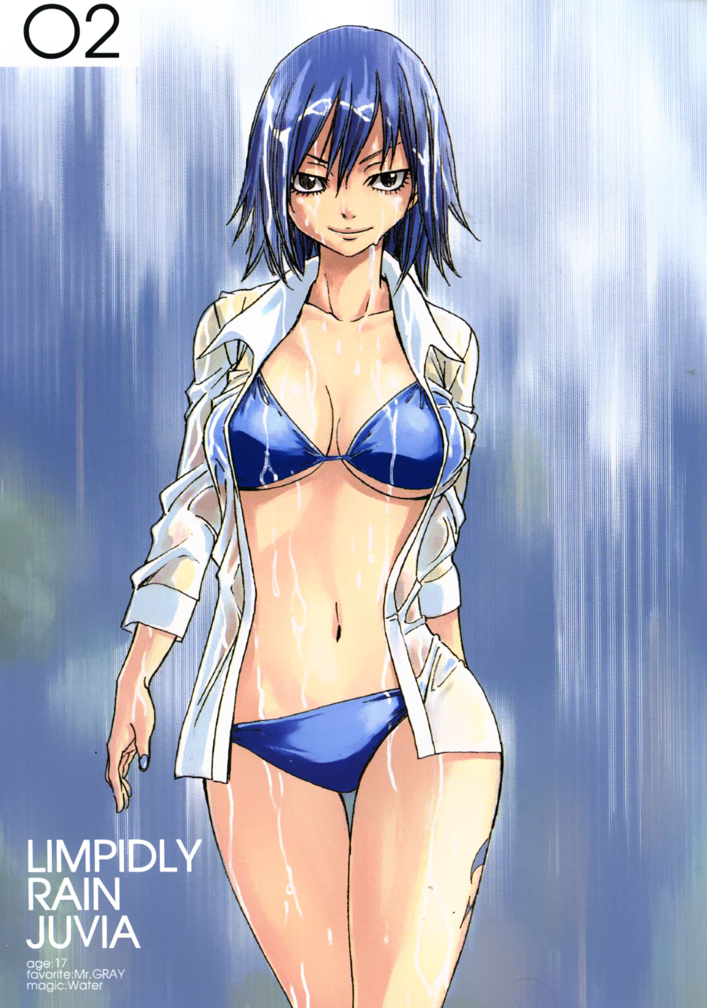 mashima hiro, juvia lockser, fairy tail, highres, official art, 00s, 1girl, bikini, blue bikini, blue hair, breasts, cleavage, curvy, female focus, hip focus, large breasts, looking at viewer, nail polish, navel, open clothes, open shirt, shirt, short hair, smile, solo, swimsuit, thigh gap, underboob, wet, wet clothes, wet hair, wide hips