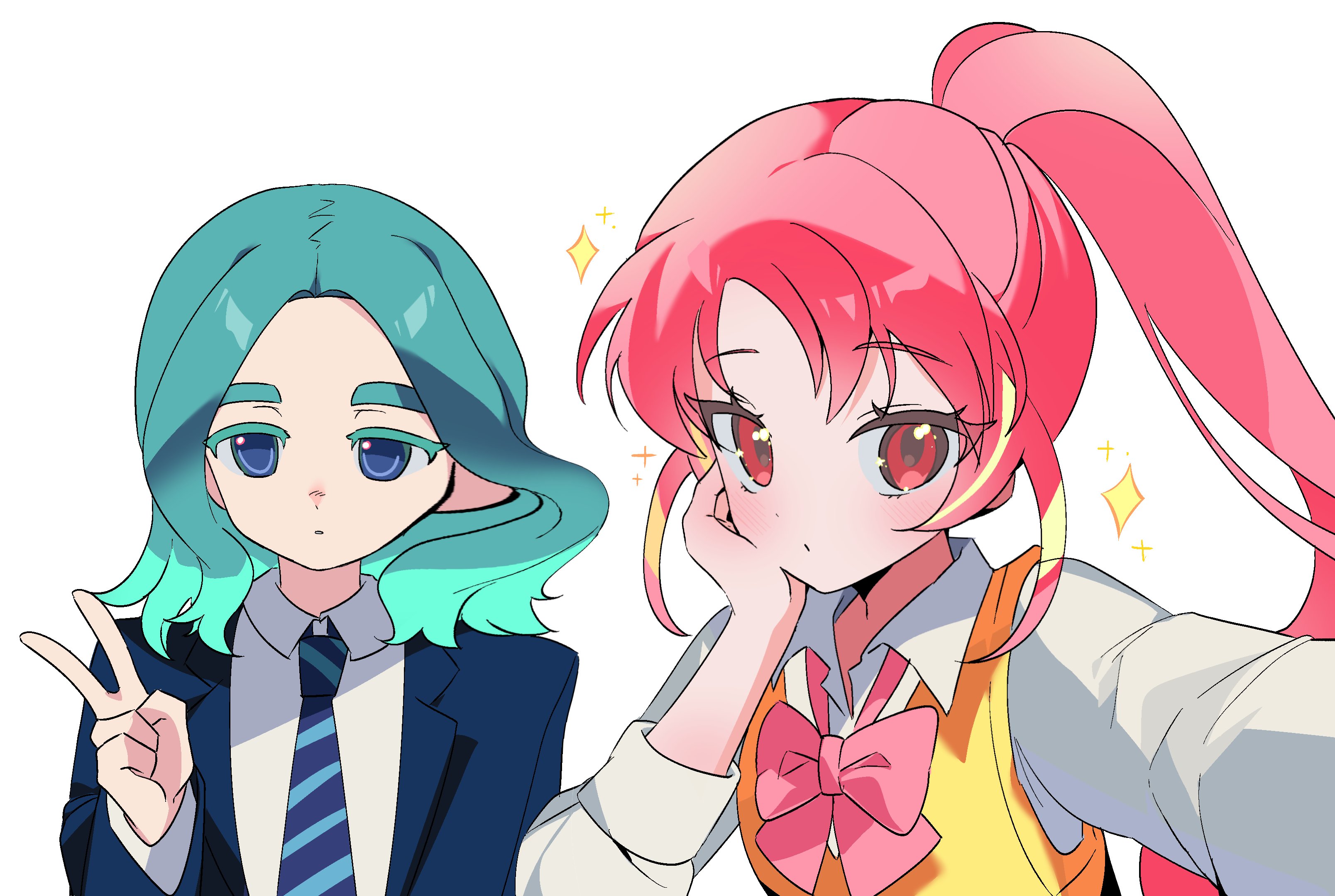 ebi (shrimp eleven), sasanami unmei, shinohara raika, inazuma eleven (series), inazuma eleven victory road, 1boy, 1girl, green hair, ponytail, red hair, school uniform, shirt, simple background, v, white background, white shirt