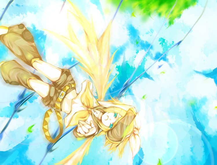 soriku, kagamine rin, vocaloid, bad id, bad pixiv id, 1girl, blonde hair, blue eyes, detached sleeves, female focus, hair ribbon, midriff, ribbon, short hair, shorts, solo