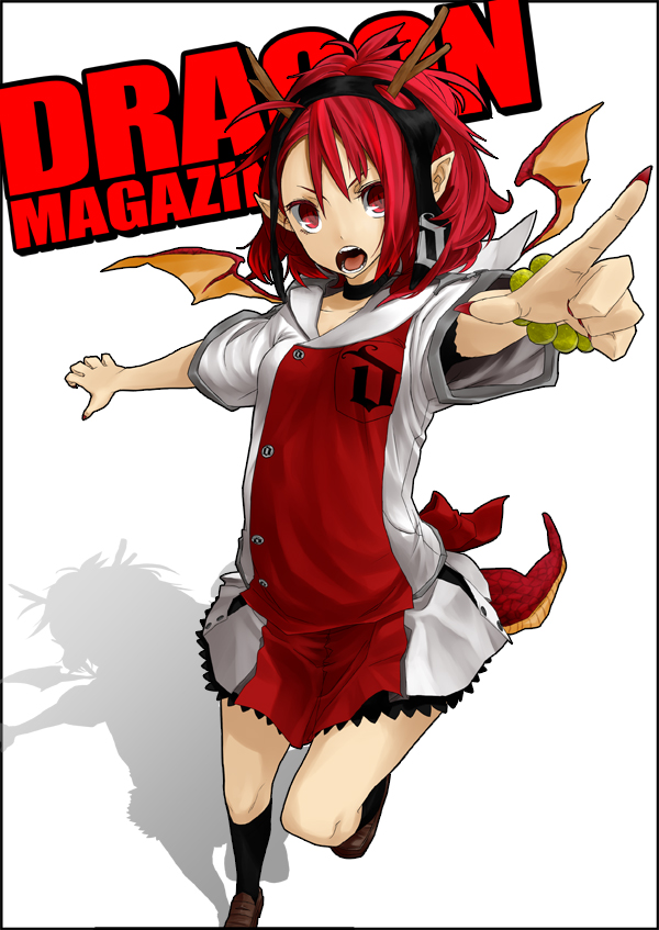 robo8, robo8 (pixiv), riz (robo8), original, 1girl, bat wings, black socks, dragon girl, dragon tail, dragon wings, female focus, horns, kneehighs, nail polish, pointing, pointy ears, red eyes, red hair, red nails, shadow, shoes, socks, solo, tail, wings