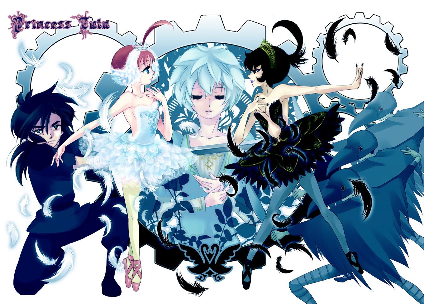 torinone (nontenki), ahiru (princess tutu), fakir (princess tutu), mytho (princess tutu), mythos, princess kraehe, princess tutu (character), rue (princess tutu), siegfried (princess tutu), princess tutu, 00s, 2boys, 2girls, ahoge, ballerina, ballet slippers, bare shoulders, bird, black hair, blue eyes, closed eyes, copyright name, crow, crown, eye contact, feathers, footwear ribbon, gears, kneeling, lips, looking at another, mask, multiple boys, multiple girls, navel, ponytail, short hair, sword, tiara, tiptoes, tutu, weapon, white hair