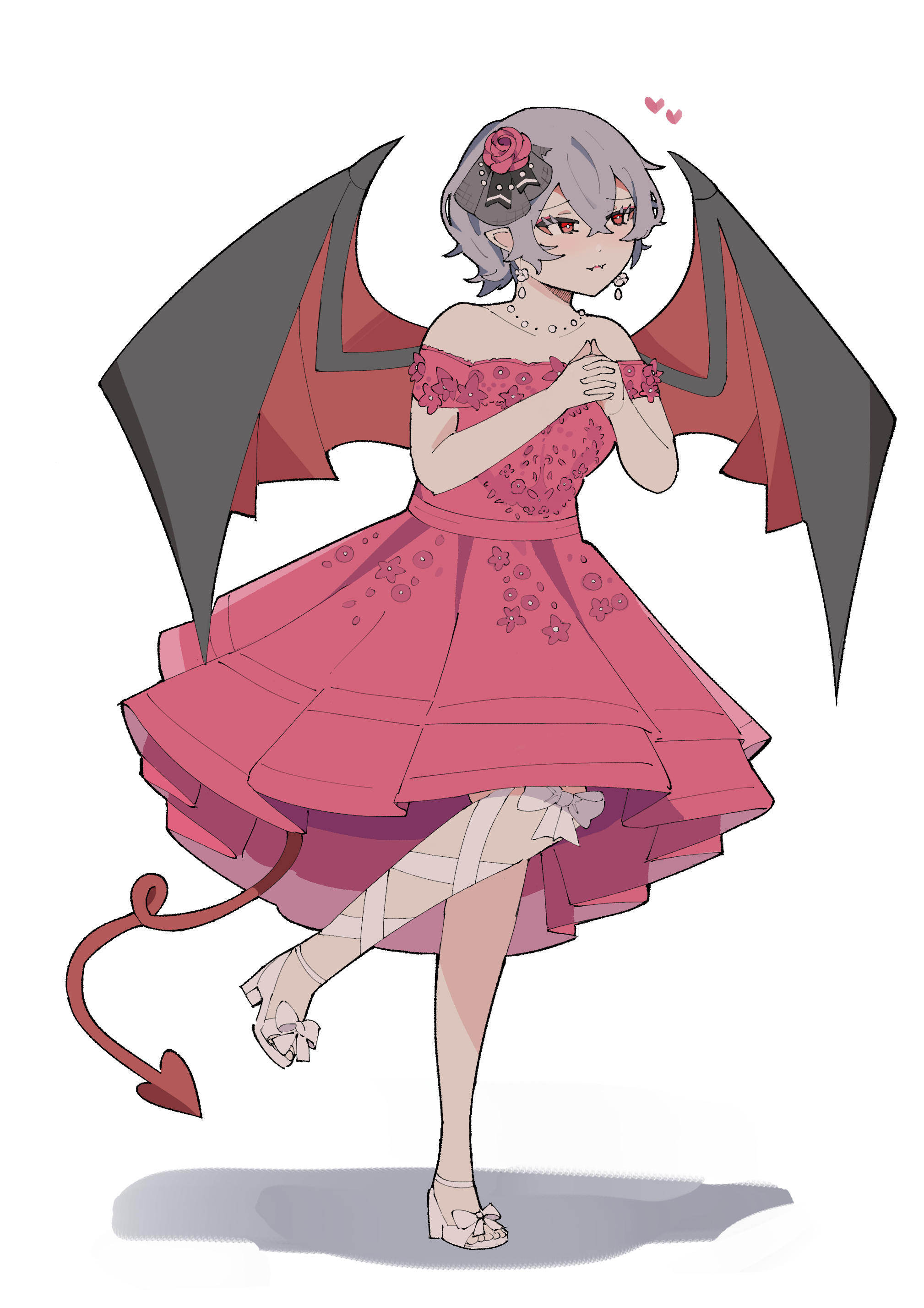 grimlisp, remilia scarlet, touhou, absurdres, commentary request, highres, 1girl, bat wings, closed mouth, demon tail, dress, earrings, fangs, flower, hair flower, hair ornament, hands up, heart, high heels, jewelry, leg ribbon, necklace, off-shoulder dress, off shoulder, own hands together, pointy ears, purple hair, red dress, red eyes, red flower, red rose, ribbon, rose, shoes, short hair, solo, tail, thigh ribbon, vampire, white shoes, wings