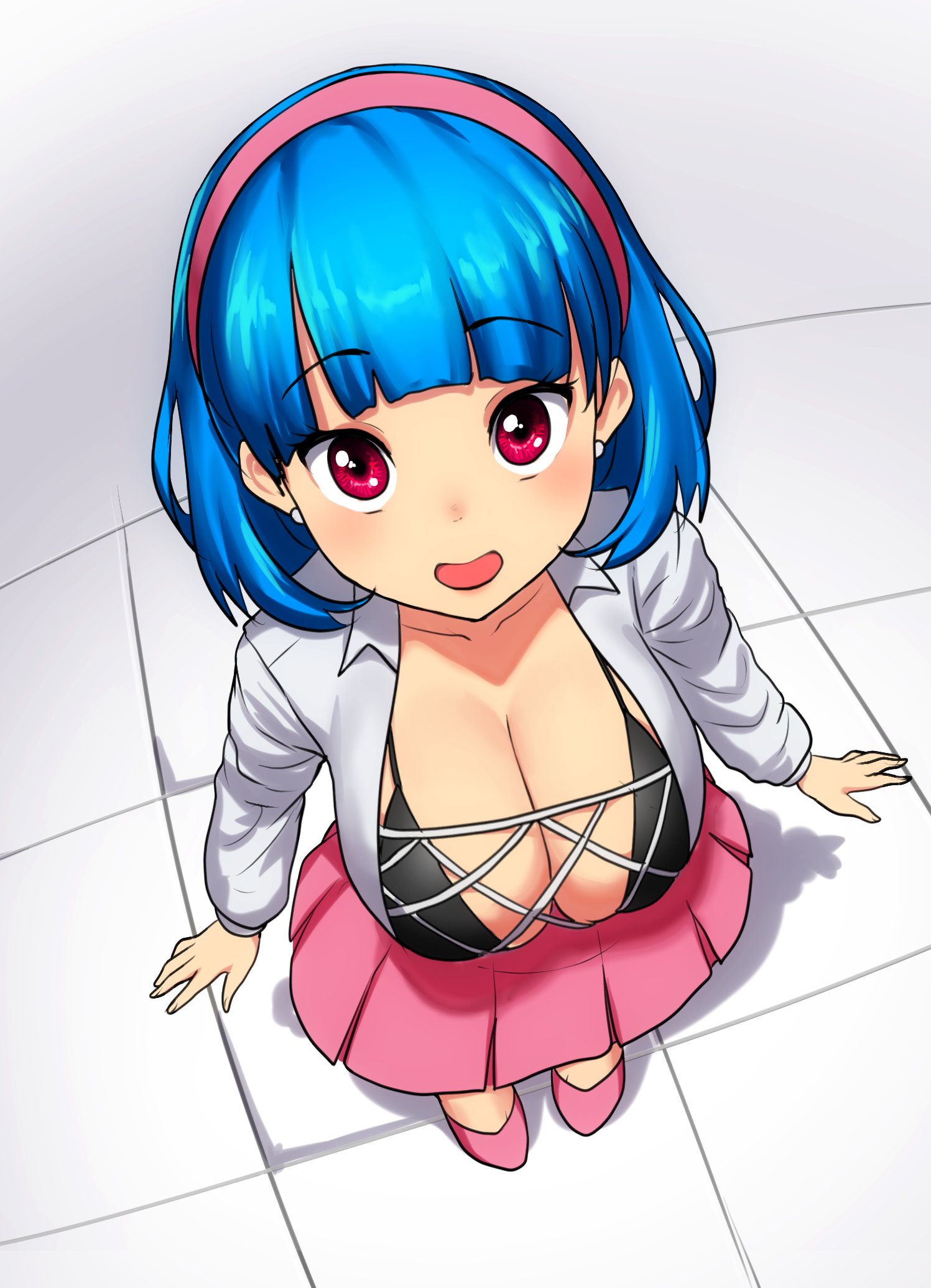erkaz, rina atherina, original, commentary, english commentary, highres, 1girl, arms at sides, black bra, blue hair, blunt bangs, bra, breasts, cleavage, collarbone, collared shirt, earrings, floor, from above, hairband, huge breasts, jewelry, long sleeves, looking at viewer, looking up, medium hair, open clothes, open mouth, open shirt, pink hairband, pink shoes, pink skirt, red eyes, shirt, shoes, skirt, smile, solo, underwear, white shirt