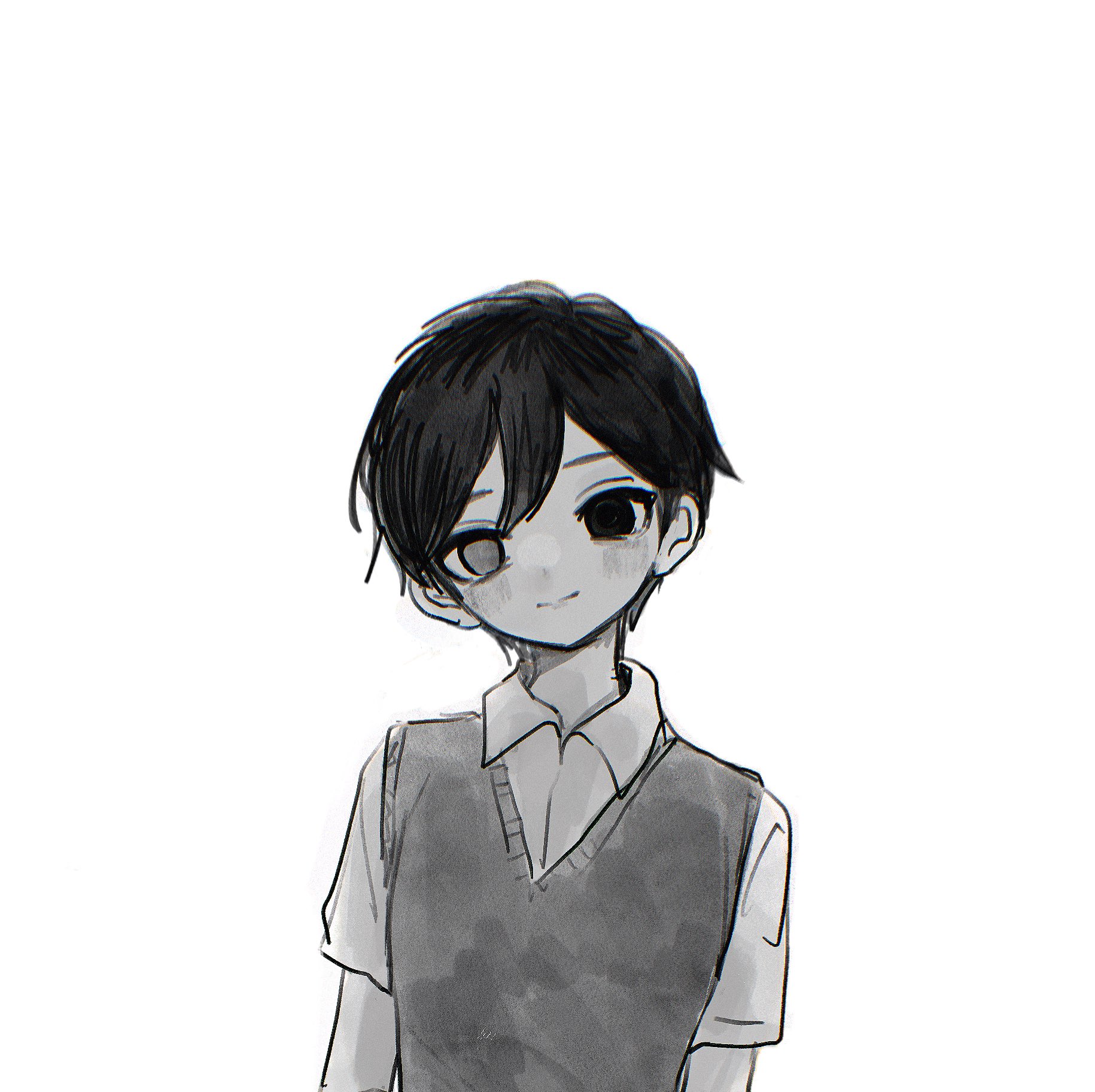 zrk zzzz, sunny (omori), omori, commentary request, highres, spoilers, 1boy, closed mouth, collared shirt, double-parted bangs, greyscale, hair between eyes, heterochromia, male focus, monochrome, shirt, short hair, short sleeves, simple background, smile, solo, sweater vest, upper body