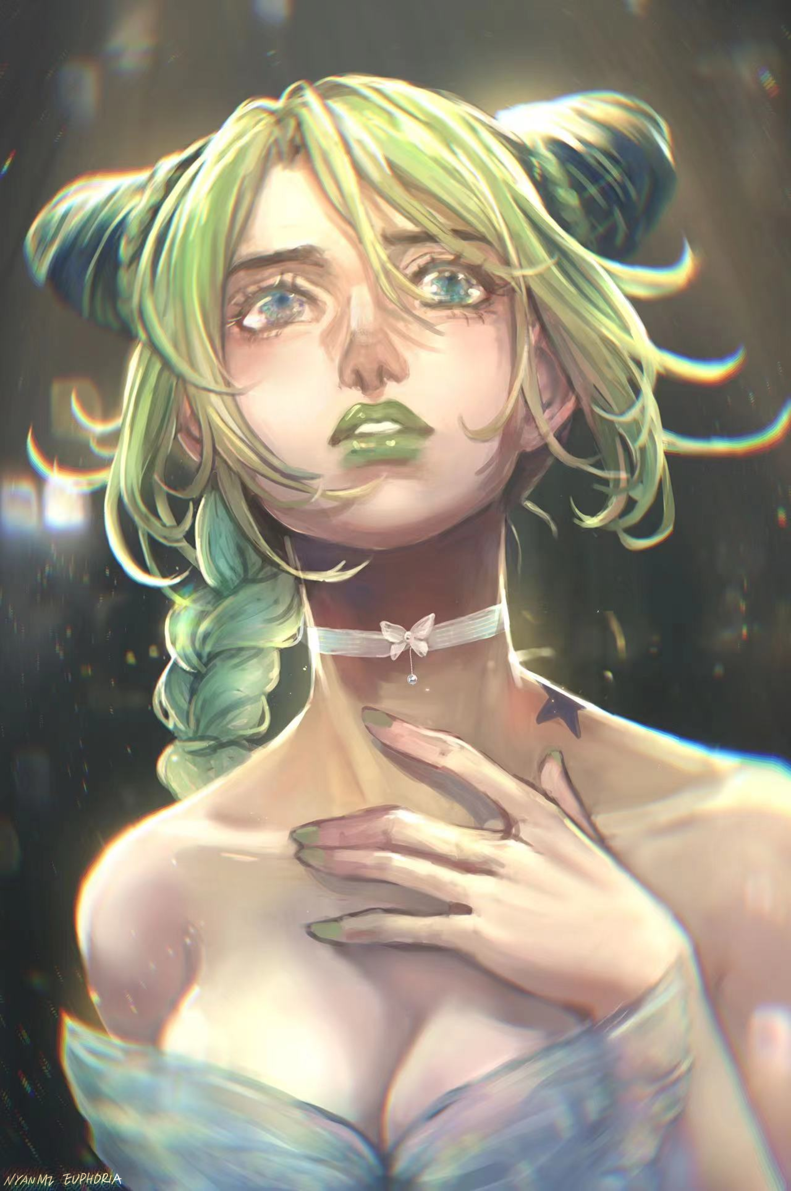 ringovalent, kuujou jolyne, jojo no kimyou na bouken, stone ocean, absurdres, commentary, highres, 1girl, birthmark, blue eyes, blurry, blurry background, braid, braided bun, breasts, butterfly choker, choker, chromatic aberration, cleavage, double bun, green hair, green lips, hair bun, hand on own chest, joestar birthmark, long hair, looking up, multicolored hair, nail polish, parted lips, portrait, solo, strapless