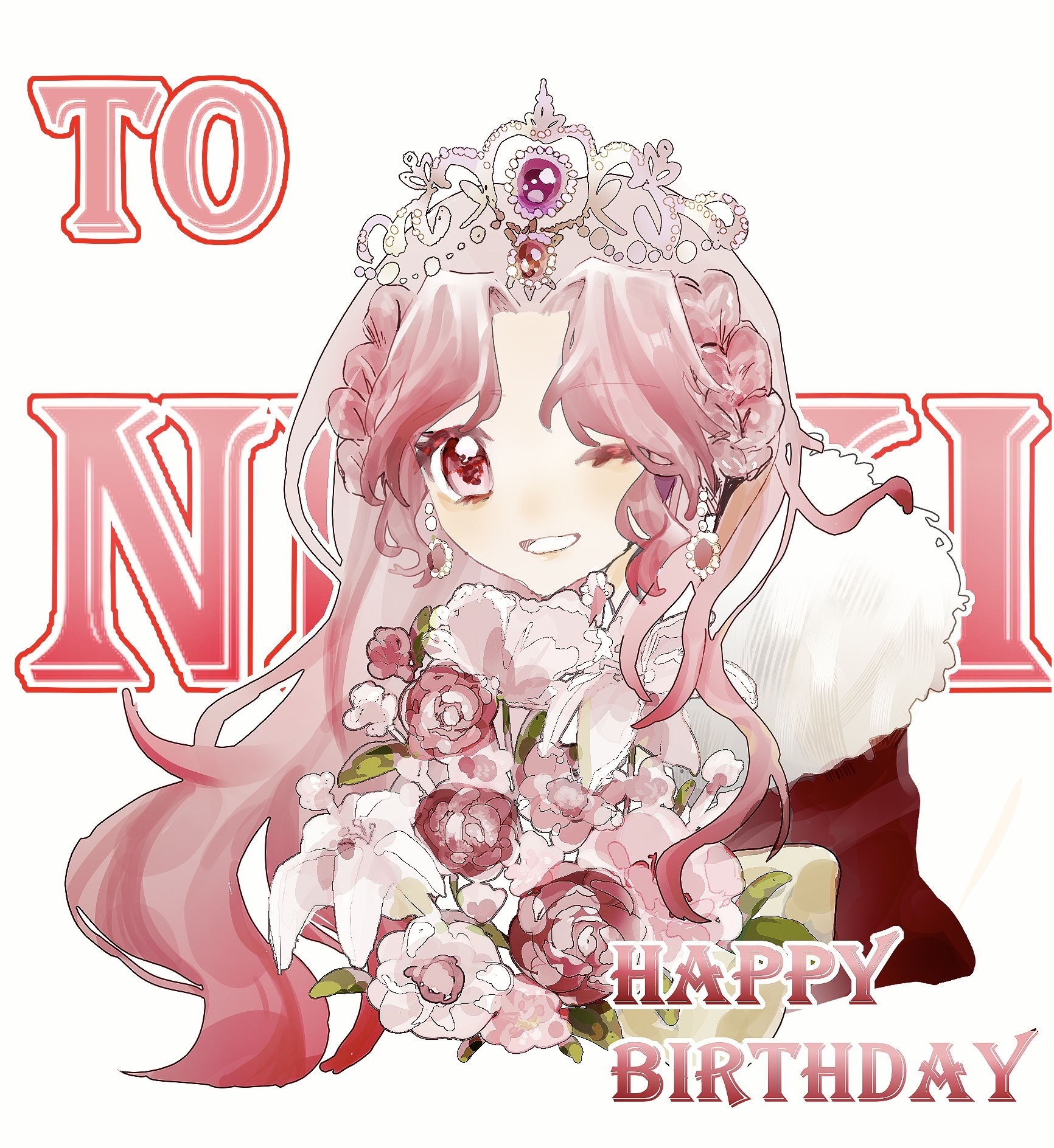 nikki (nikki), miracle nikki, nikki (series), chinese commentary, commentary, commentary request, english commentary, highres, 1girl, bouquet, braid, camellia, cape, character name, cropped torso, crown braid, earrings, eyelashes, flower, flower earrings, fur-trimmed cape, fur trim, grin, happy, happy birthday, holding, holding bouquet, jewelry, light blush, lily (flower), lips, long hair, looking at viewer, miemietu435, one eye closed, outline, parted bangs, pink eyes, pink flower, pink hair, pink lips, red cape, smile, solo, tiara, very long hair, wavy hair, when blossoms gather (miracle nikki), white background, white flower, white outline