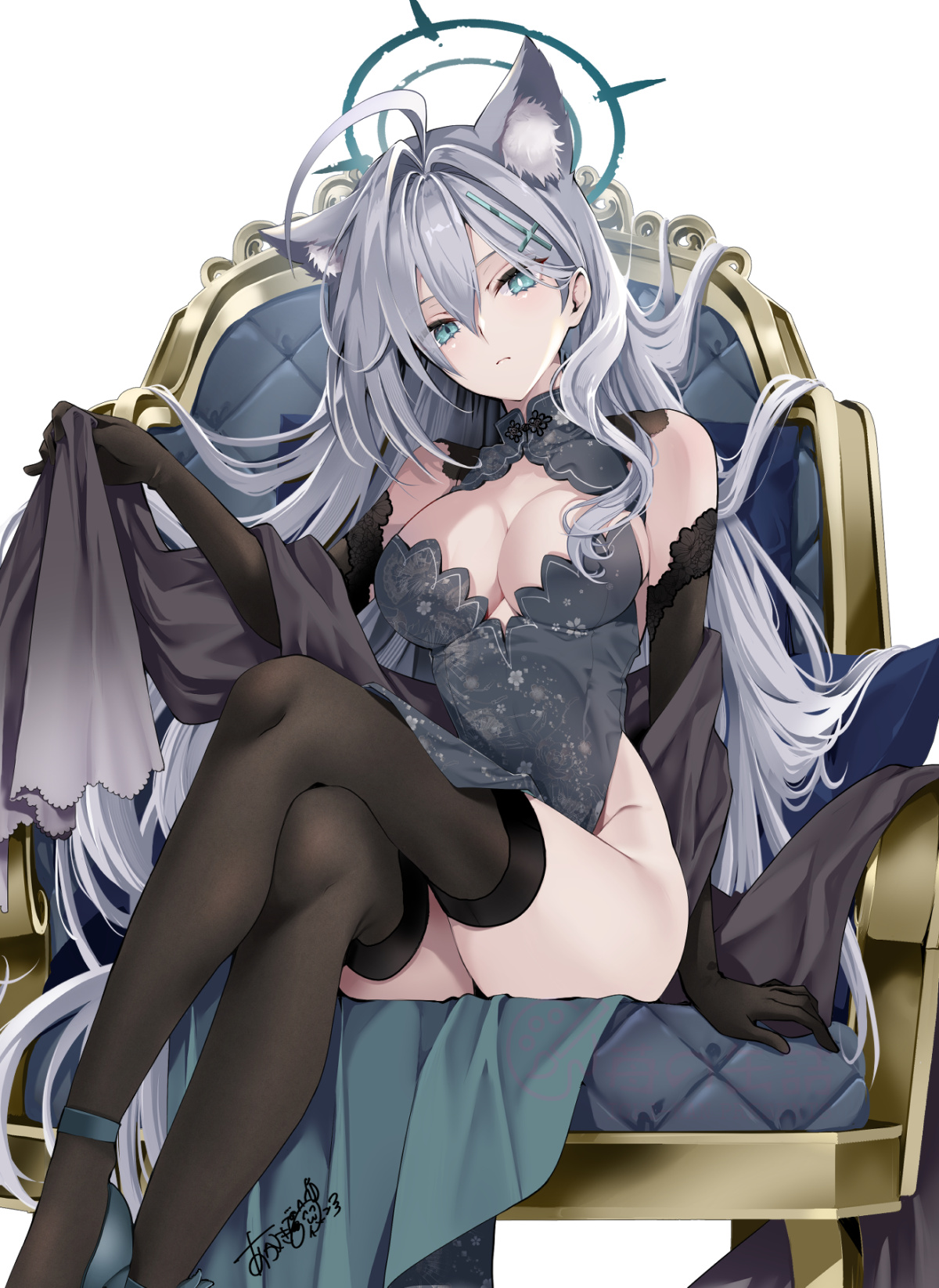 akatsuki hijiri, shiroko (blue archive), shiroko terror (blue archive), blue archive, commentary request, highres, 1girl, animal ear fluff, animal ears, bare shoulders, black gloves, black thighhighs, blue eyes, blush, breasts, chair, cleavage, cleavage cutout, clothing cutout, cross hair ornament, dress, elbow gloves, extra ears, gloves, grey dress, grey hair, hair ornament, halo, large breasts, long hair, looking at viewer, sidelocks, sitting, solo, thighhighs, wolf ears